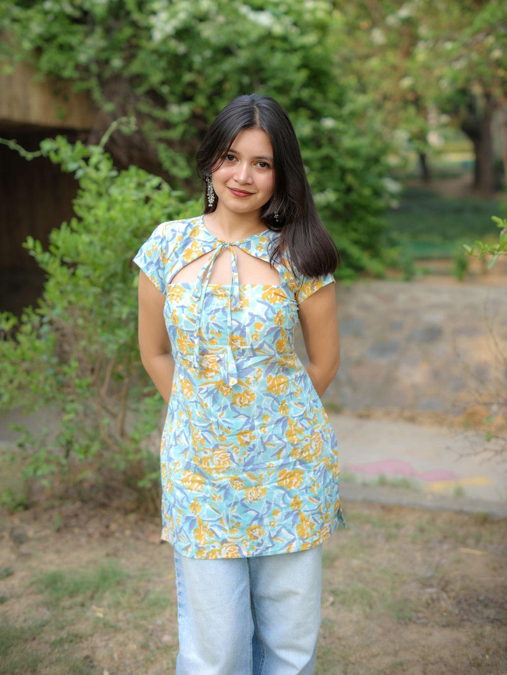 Cloud Flower Pastel Handblock Short Kurti for Women
