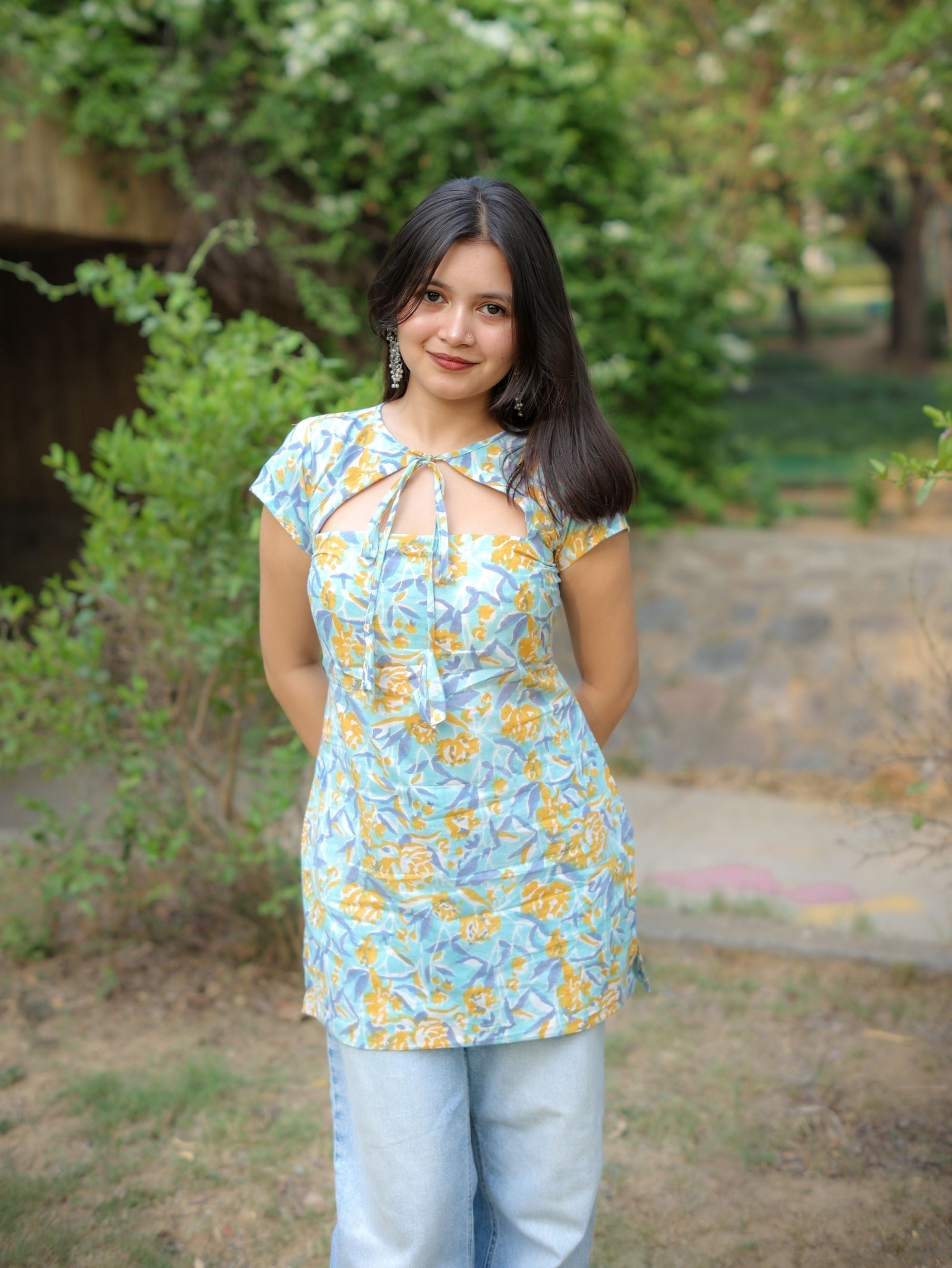 Cloud Flower Pastel Handblock Short Kurti for Women