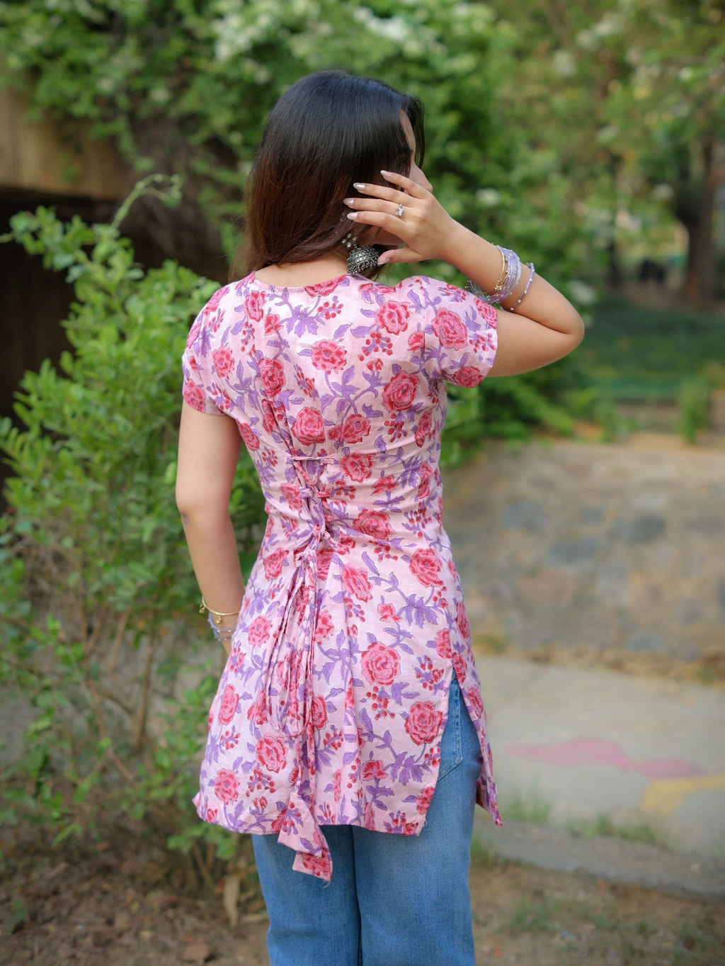 Misty Pink Handblock Short Kurti for Women