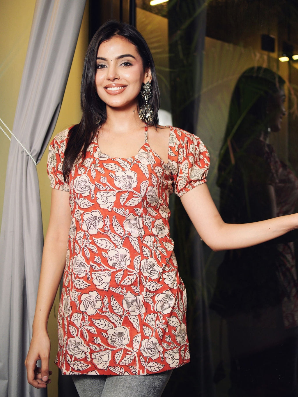 Sejal Short Kurti for Women - Rust Red Cotton Handblock Print