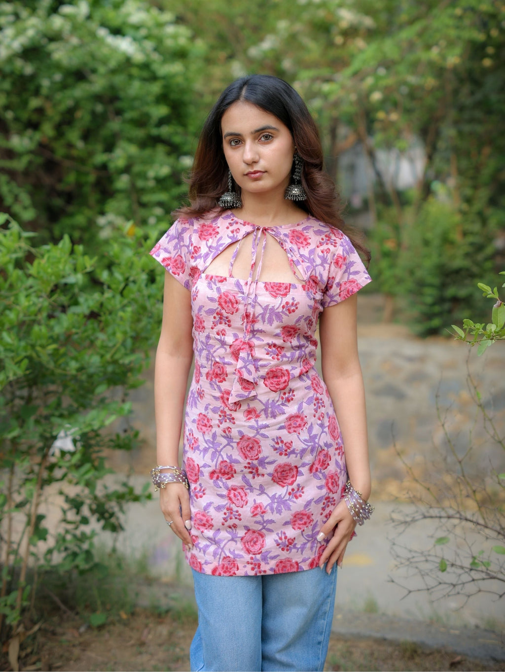 Misty Pink Handblock Short Kurti for Women