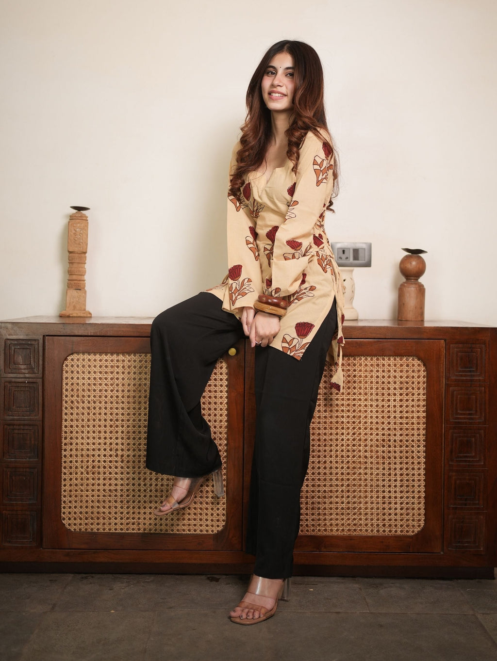 Phool Bloom Beige Cotton Short Kurti with Floral Print