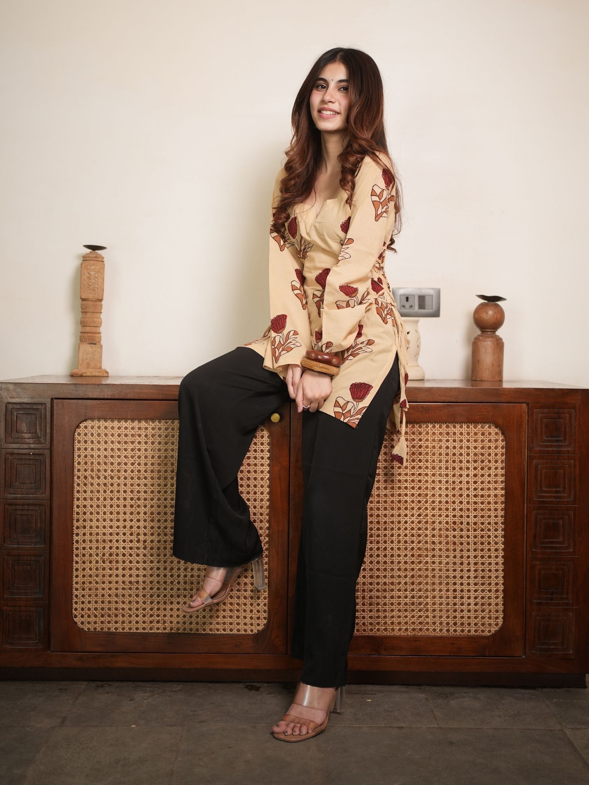 Phool Bloom Beige Cotton Short Kurti with Floral Print
