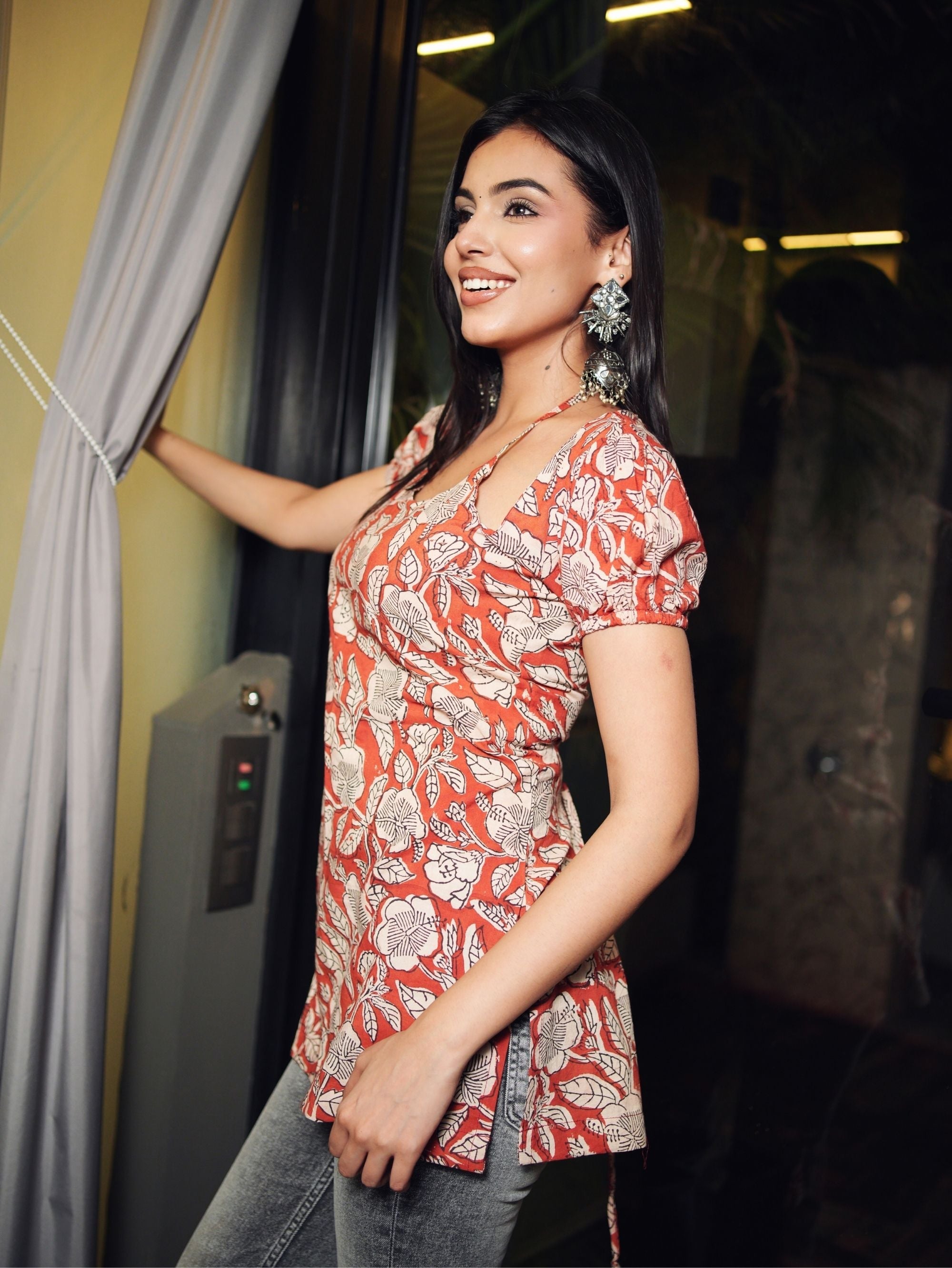 Sejal Short Kurti for Women - Rust Red Cotton Handblock Print