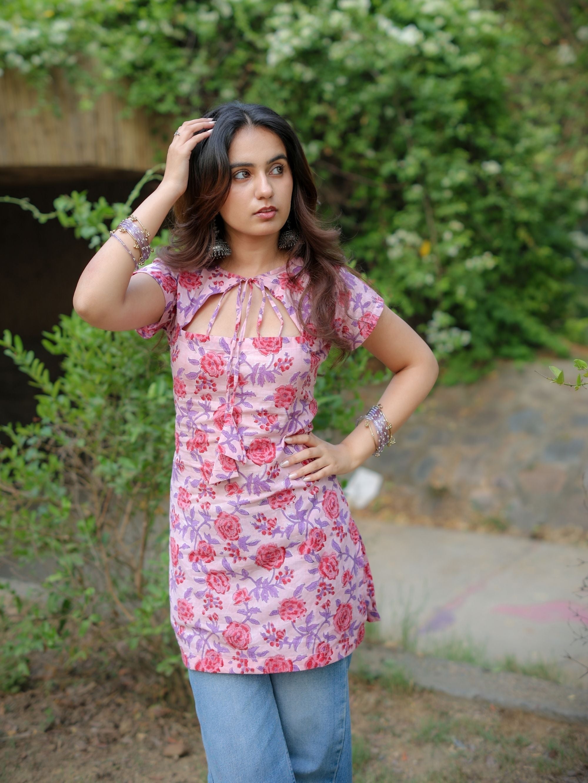 Misty Pink Handblock Short Kurti for Women