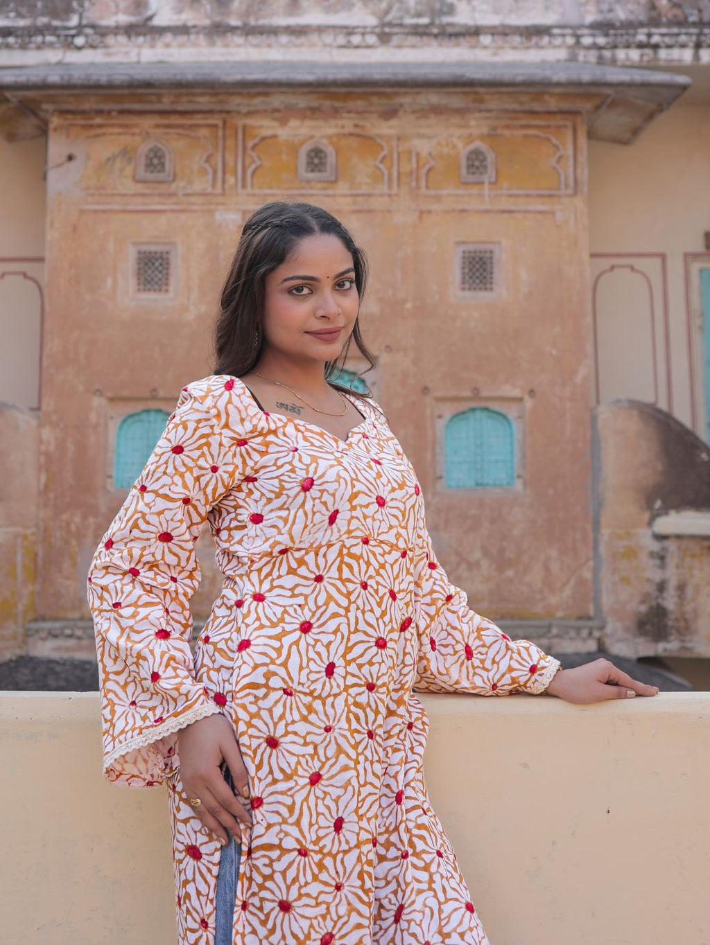 Nayla Winter Gojh Kameez in White and Yellow