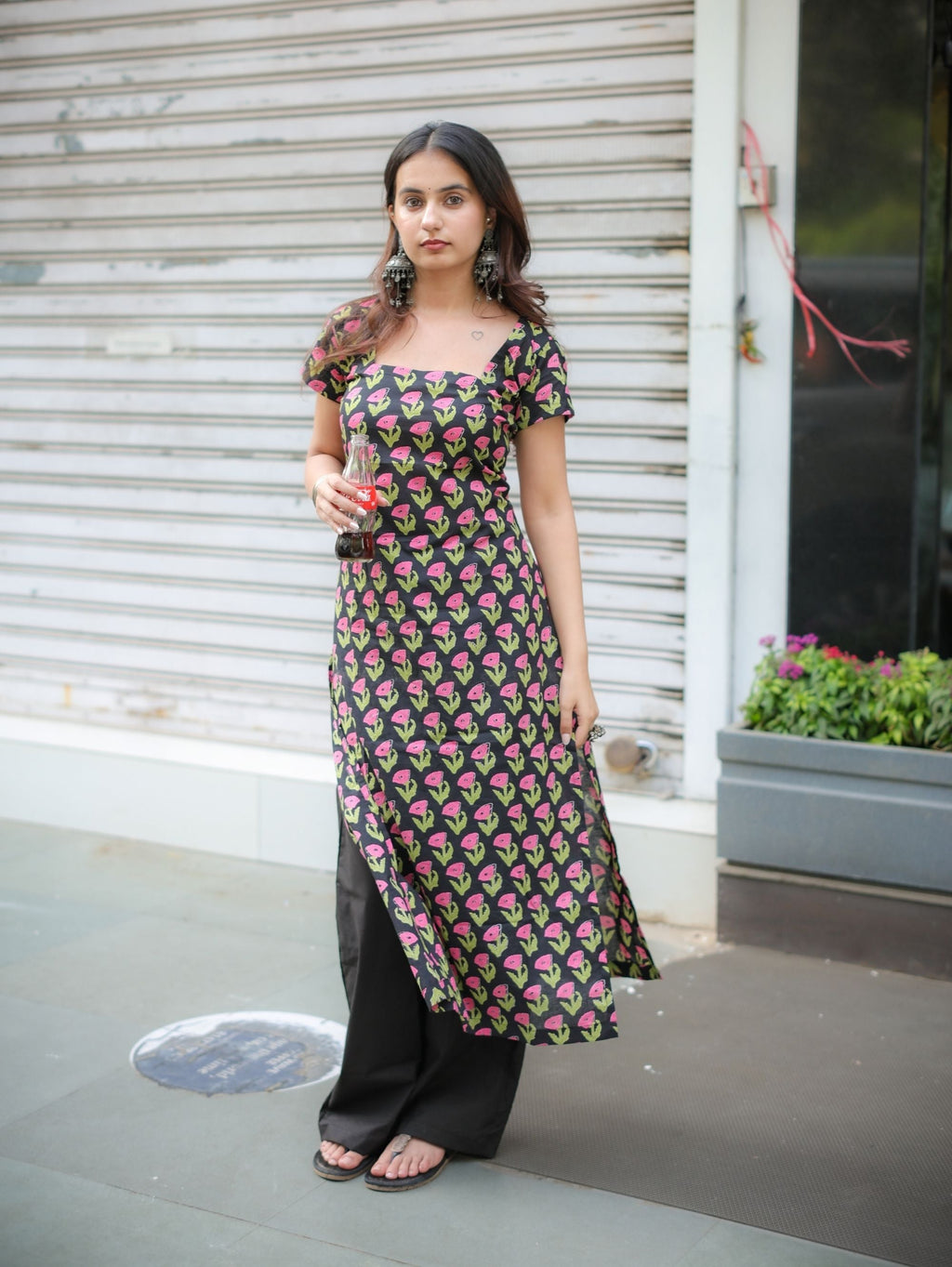 Bougain Veli Black Floral Long Kurta for Women