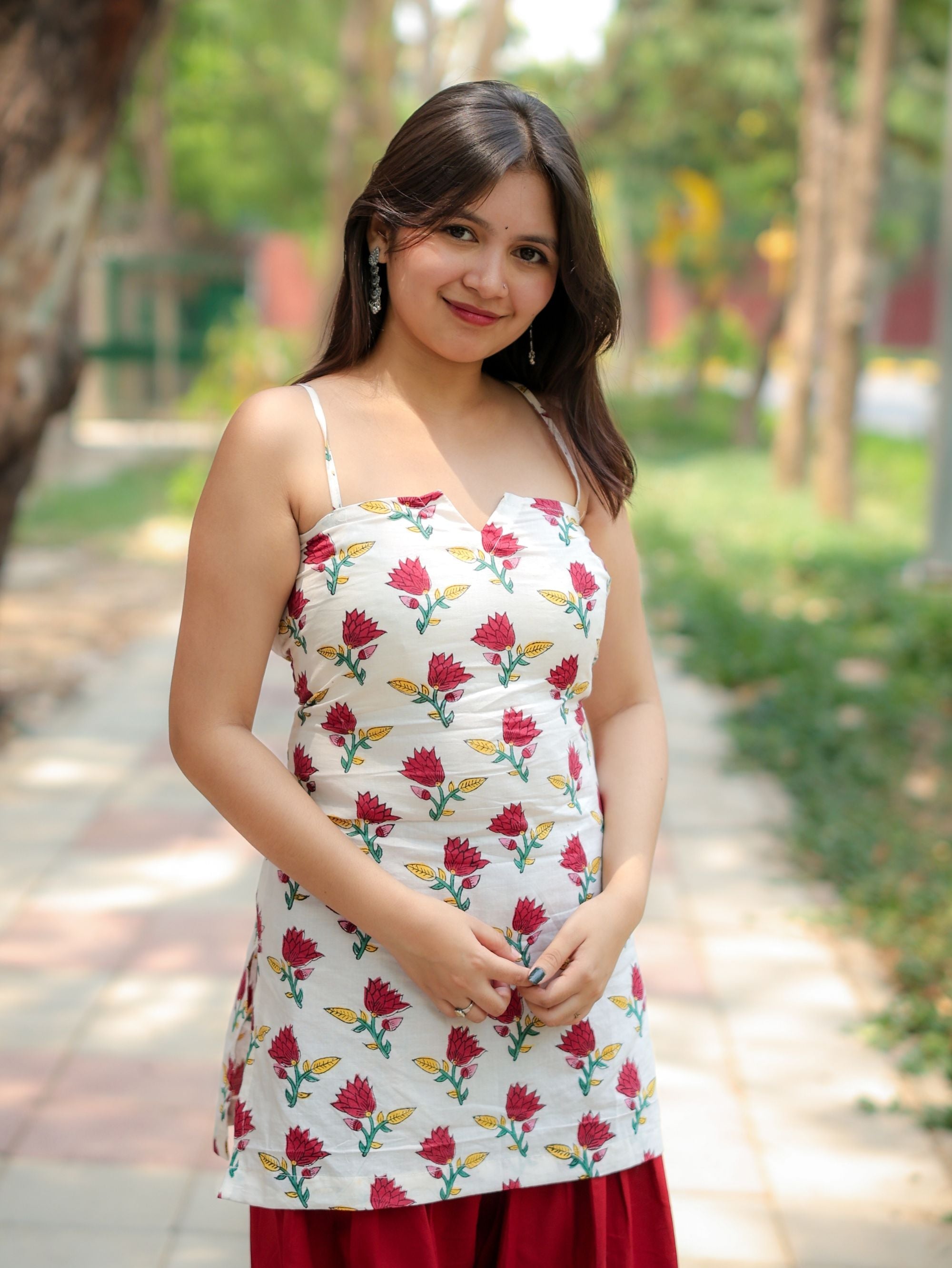 Flora Rahi White & Red Handblock Short Kurti for Women