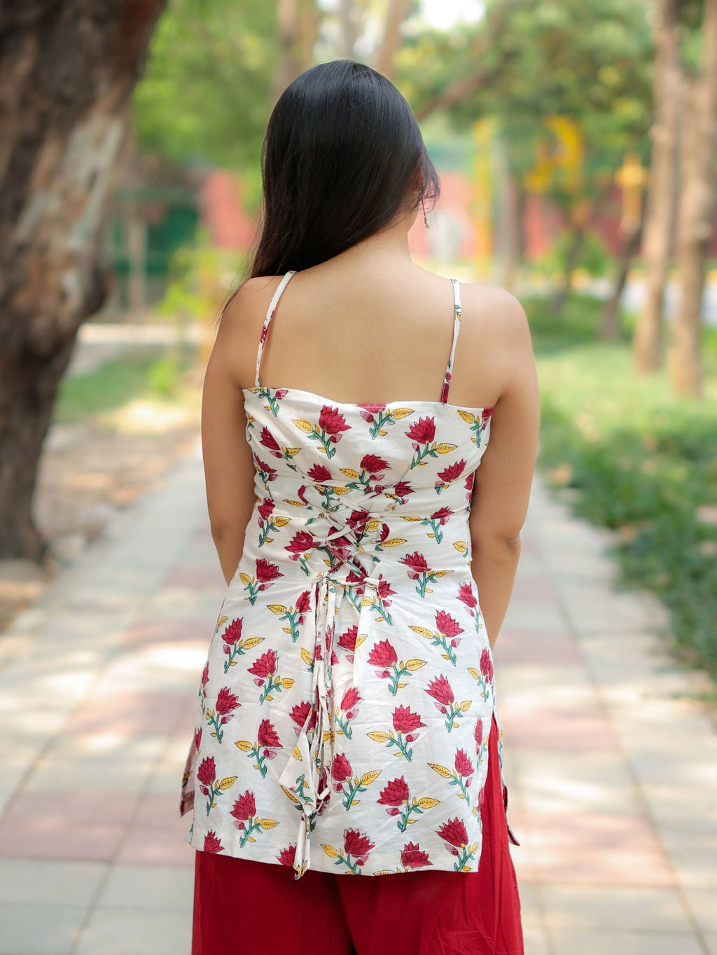 Flora Rahi White & Red Handblock Short Kurti for Women