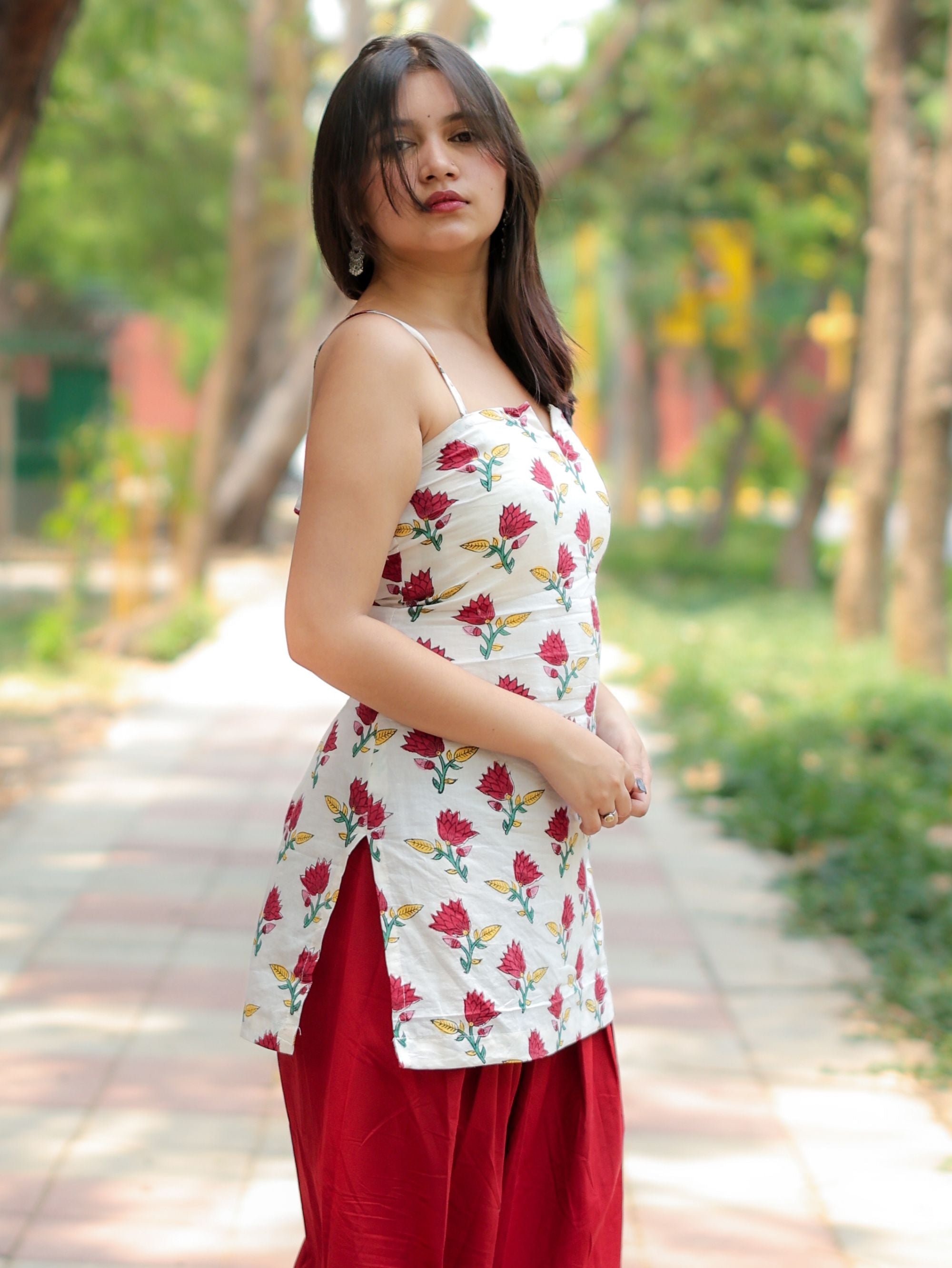 Flora Rahi White & Red Handblock Short Kurti for Women