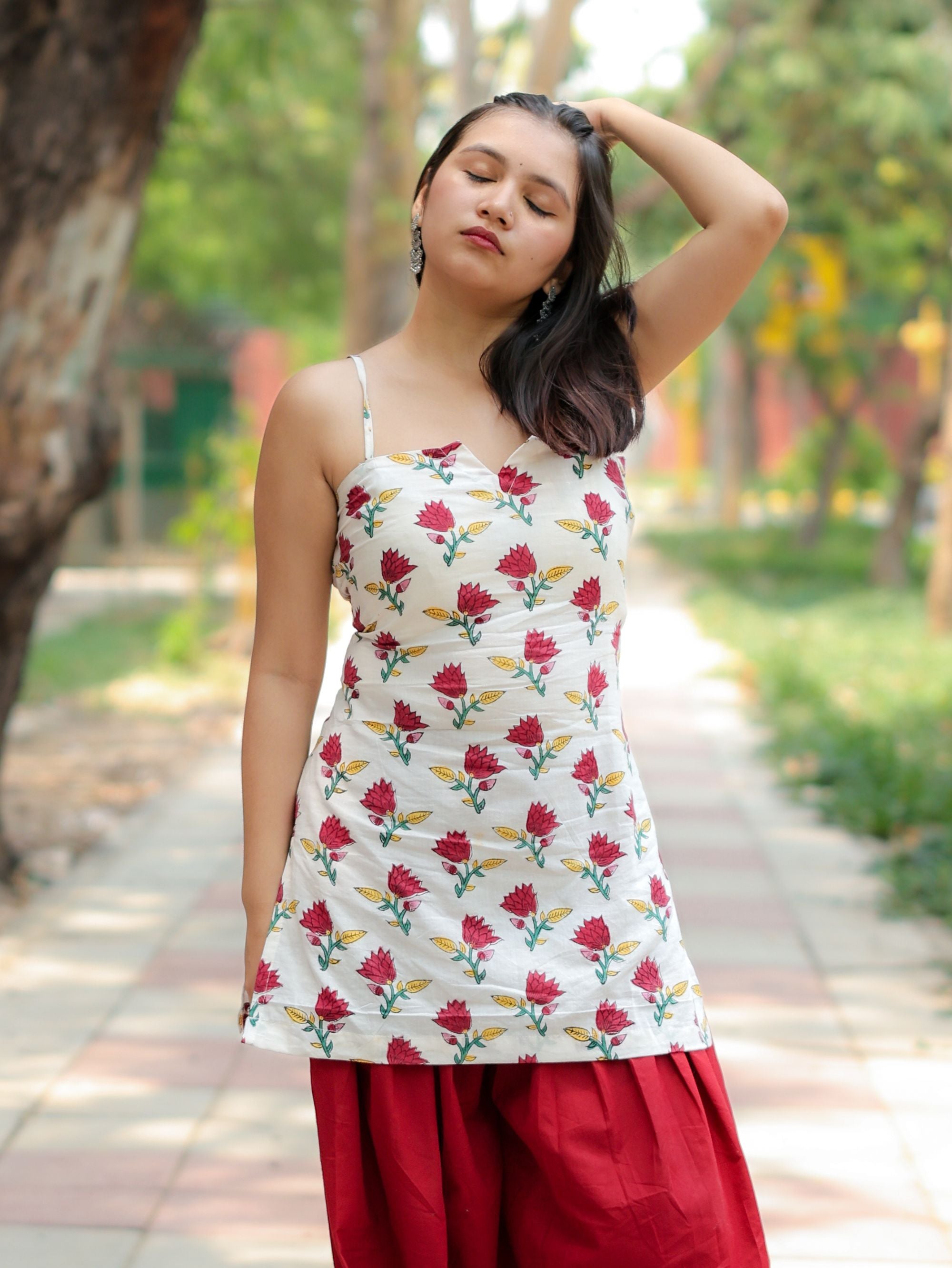 Flora Rahi White & Red Handblock Short Kurti for Women