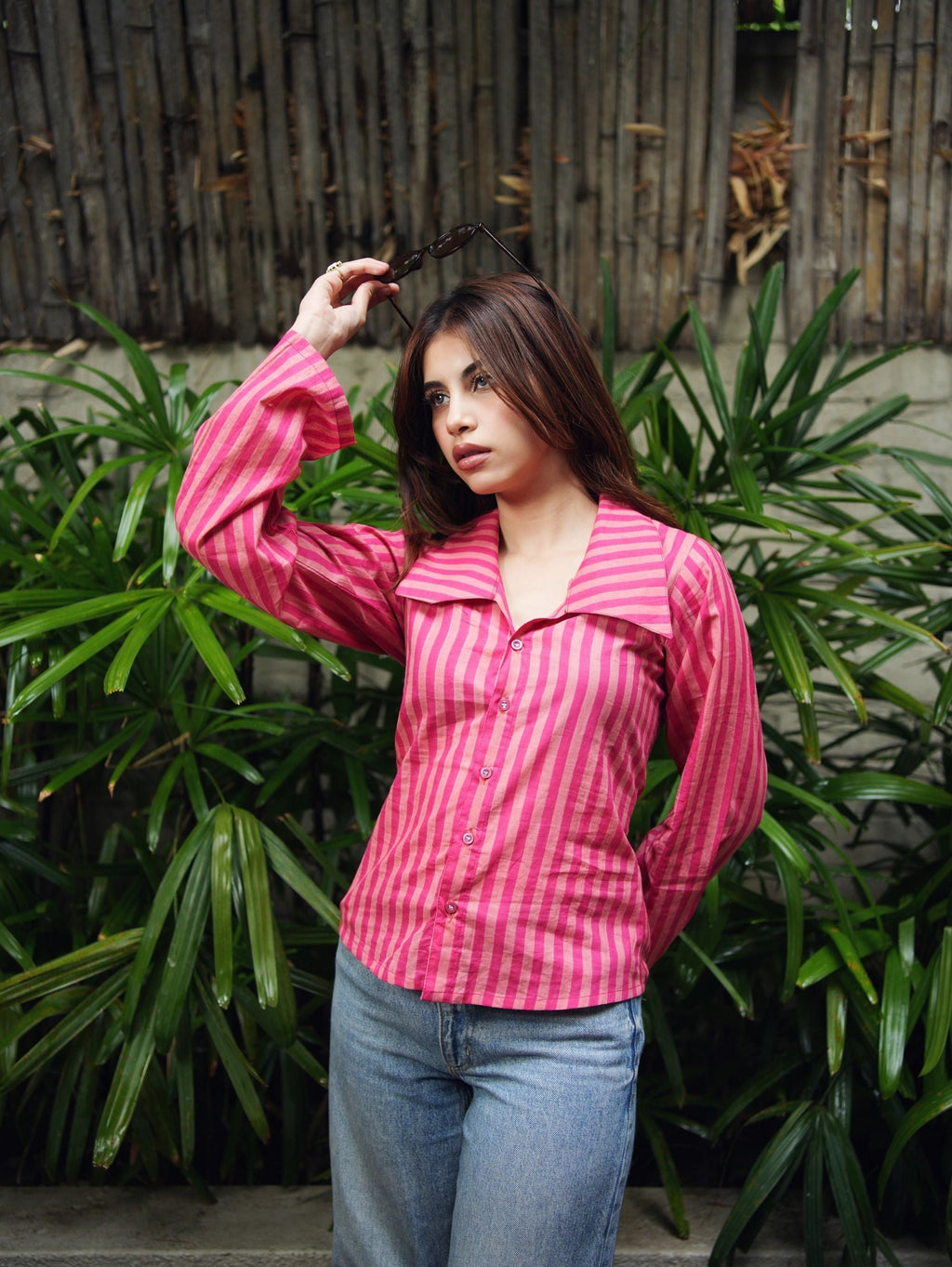 Aditi Cotton Shirt for Women - Pink Striped Corset Back Shirt
