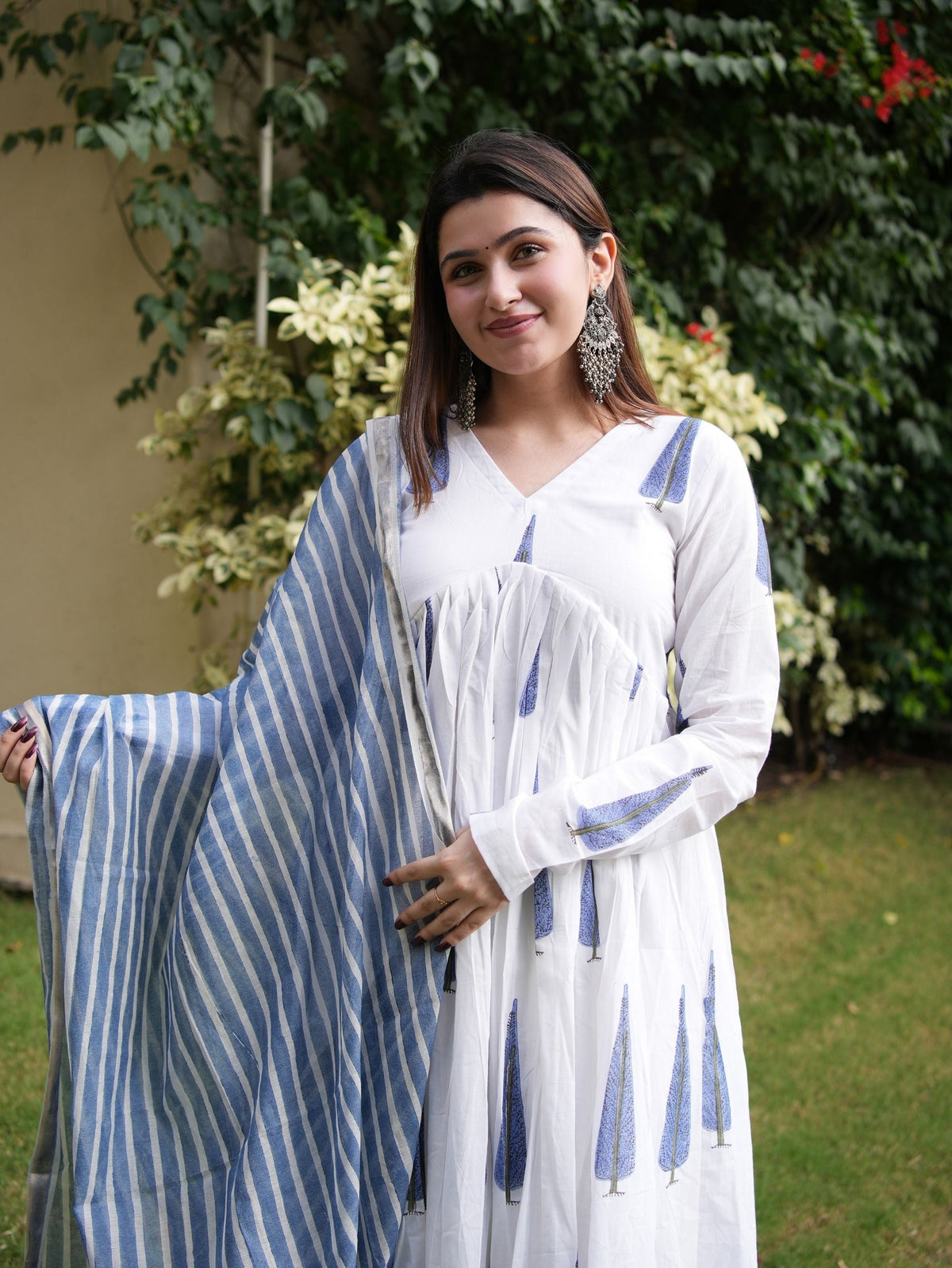 Tripura White & Blue Three Piece Alia Cut Anarkali Set
