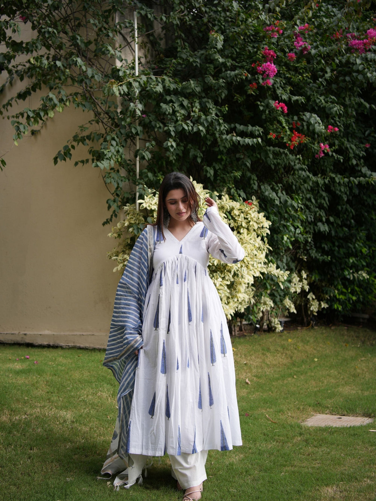 Tripura White & Blue Three Piece Alia Cut Anarkali Set
