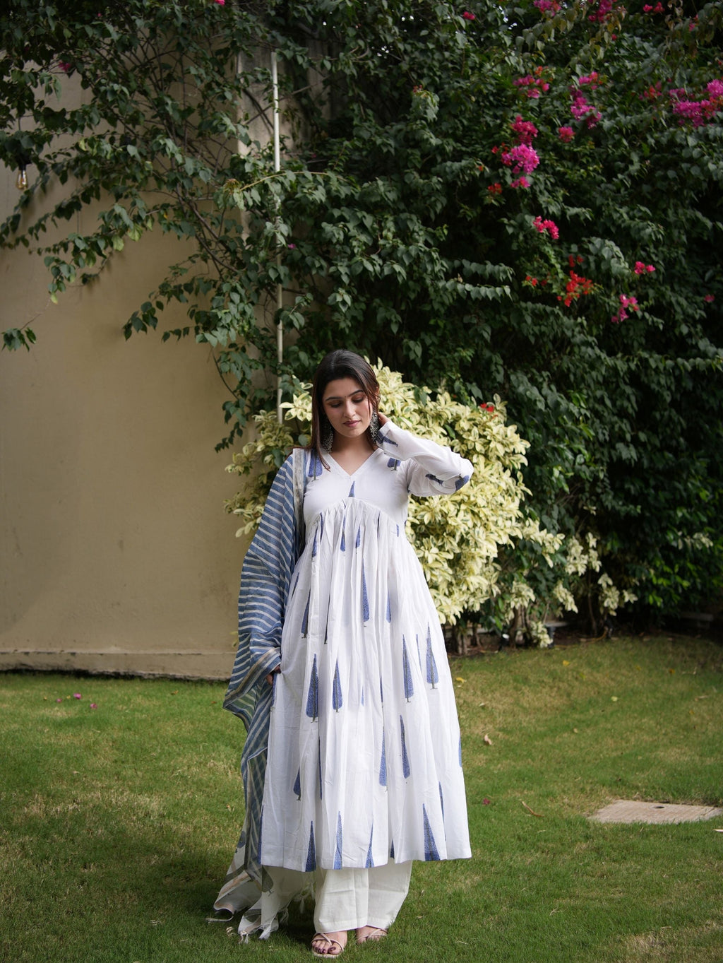 Tripura White & Blue Three Piece Alia Cut Anarkali Set