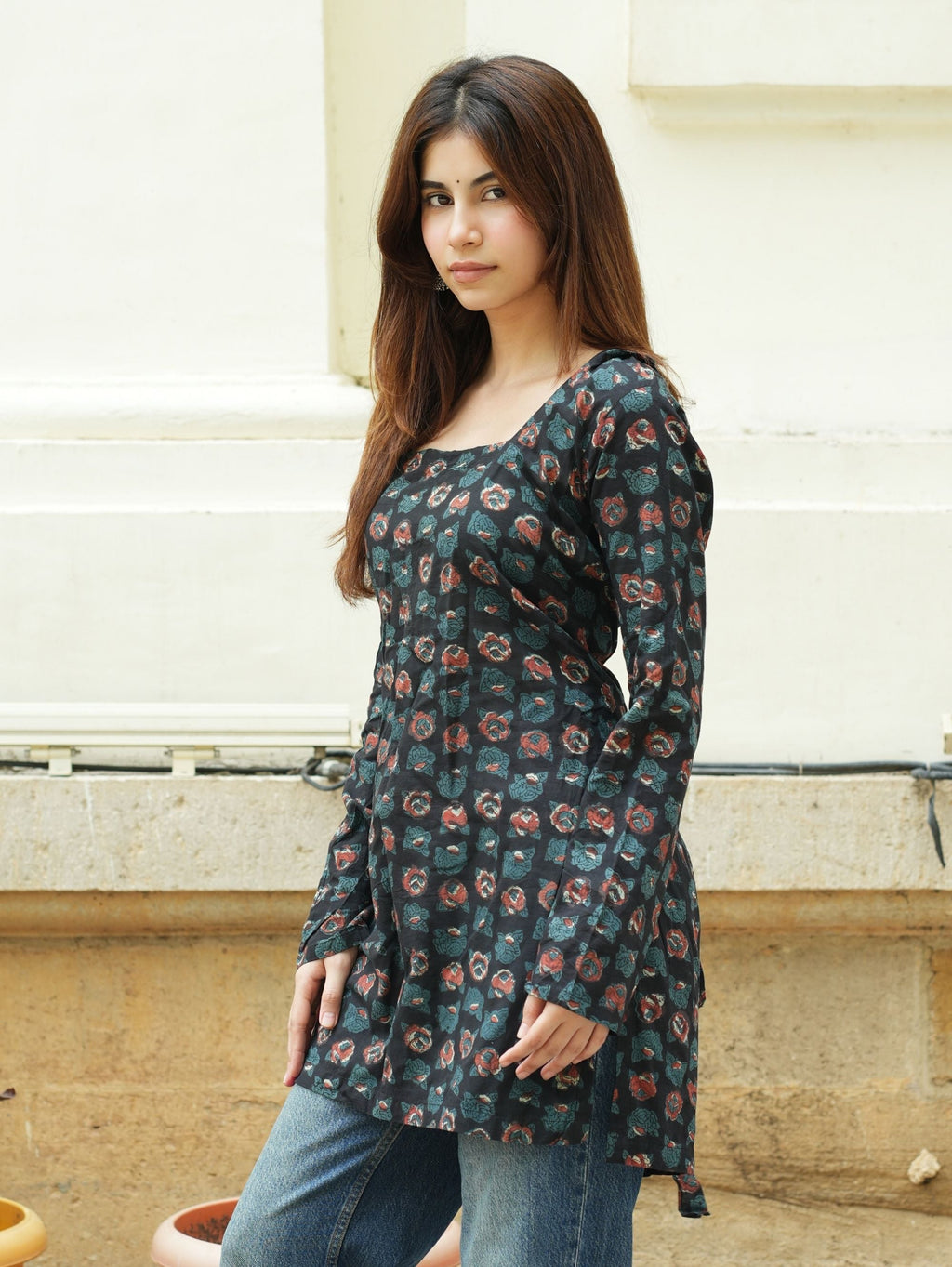 Meera Short Kurti for Women - Black Bagru Print Cotton Kurti