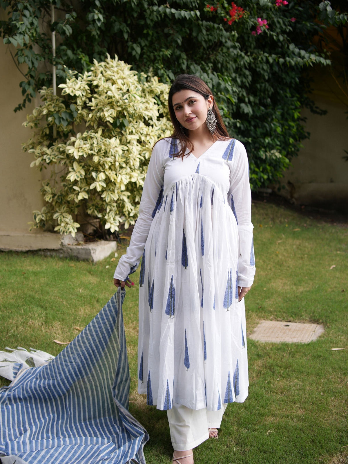 Tripura White & Blue Three Piece Alia Cut Anarkali Set