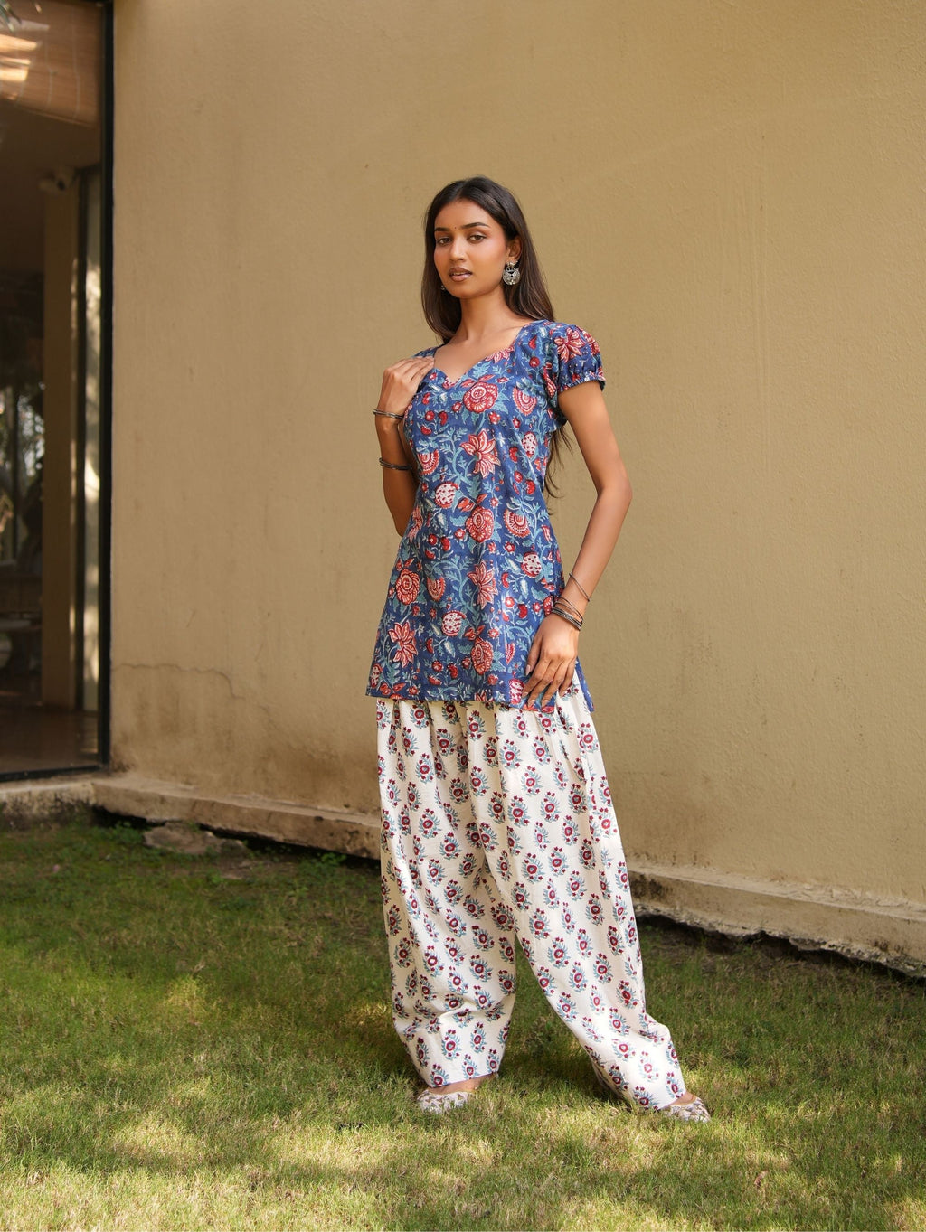 Malini Blue, Red & White Two Piece Farshi Set