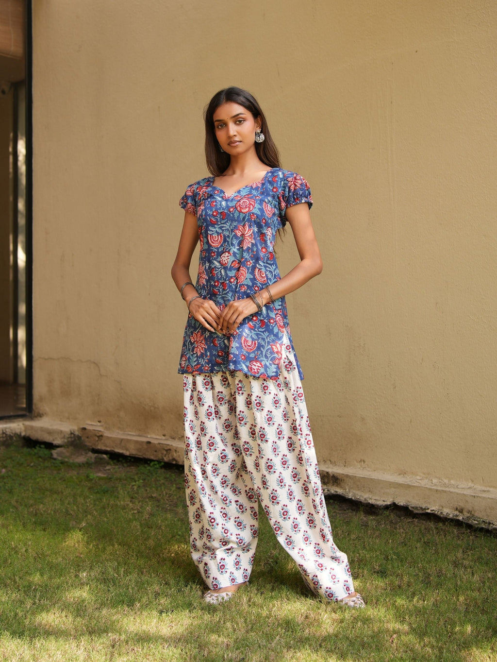 Malini Blue, Red & White Two Piece Farshi Set
