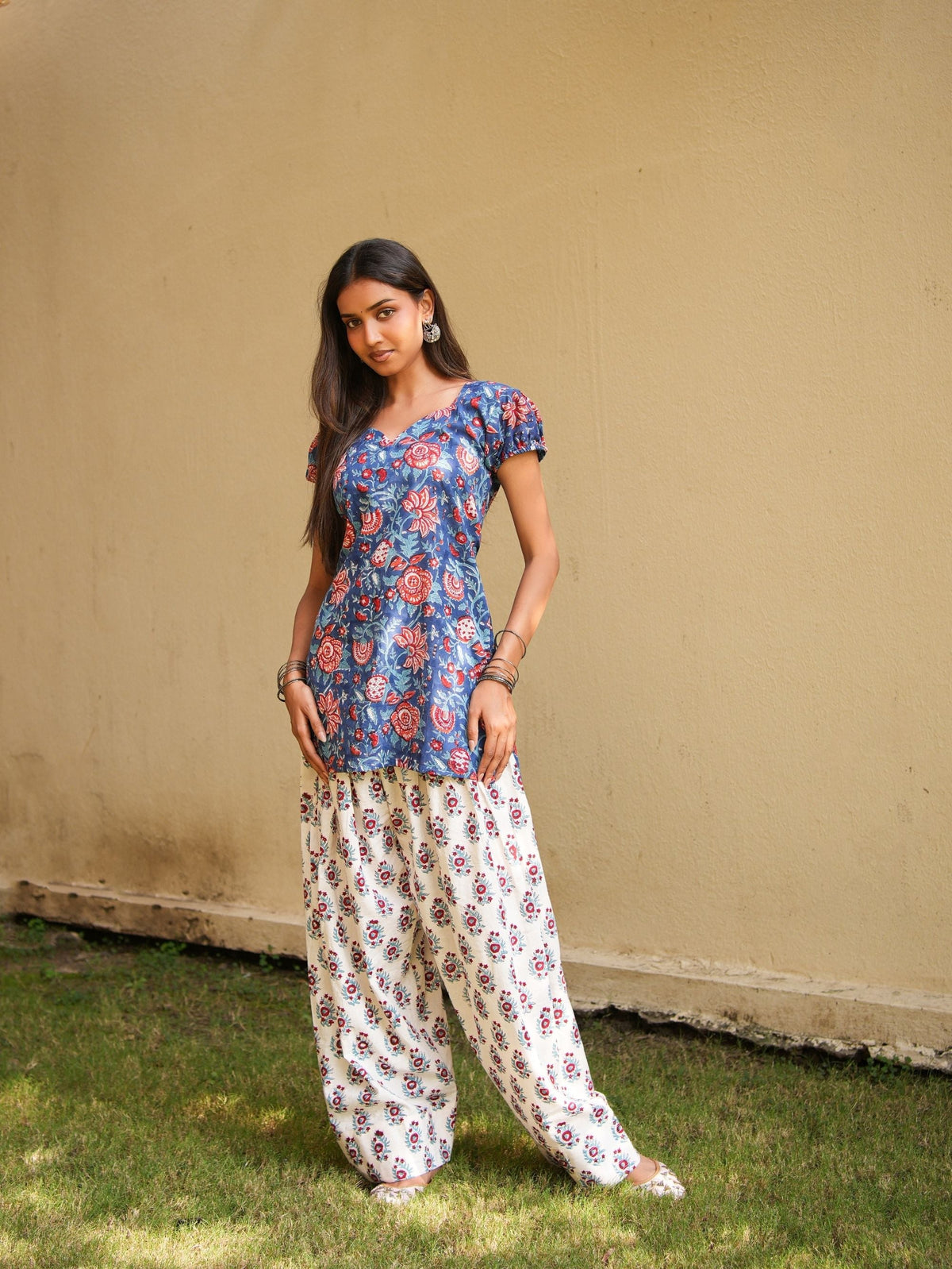 Malini Blue, Red & White Two Piece Farshi Set