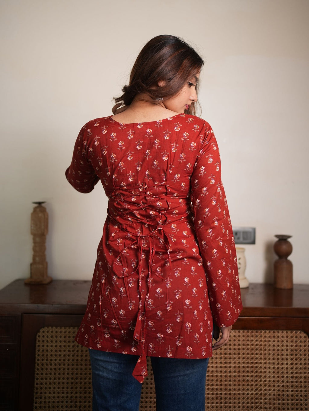 Sunlit Petal Red Cotton Square Neck Short Kurti