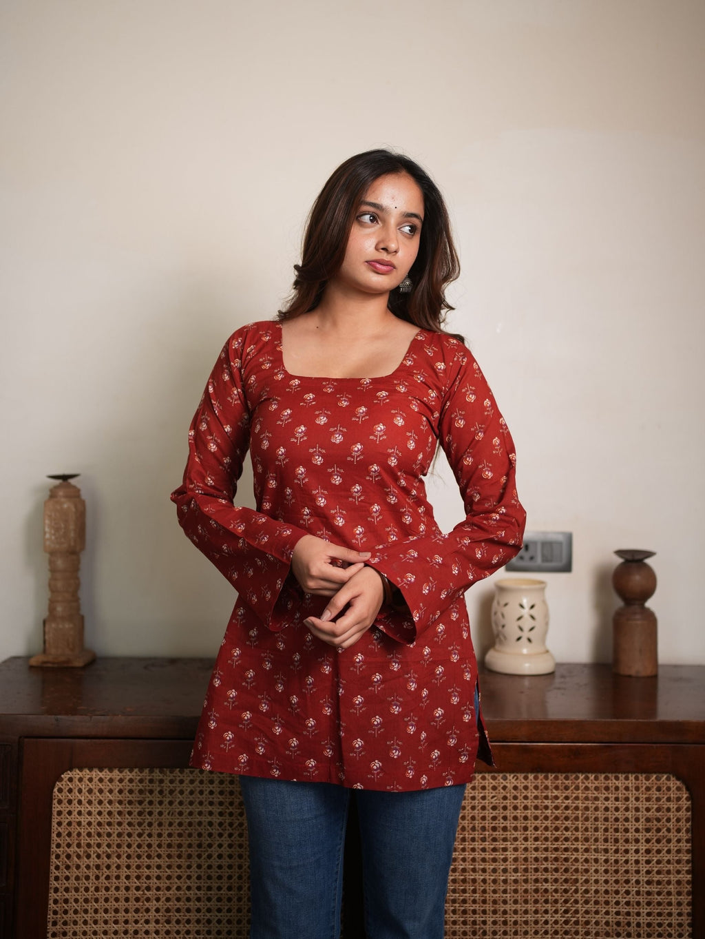 Sunlit Petal Red Cotton Square Neck Short Kurti