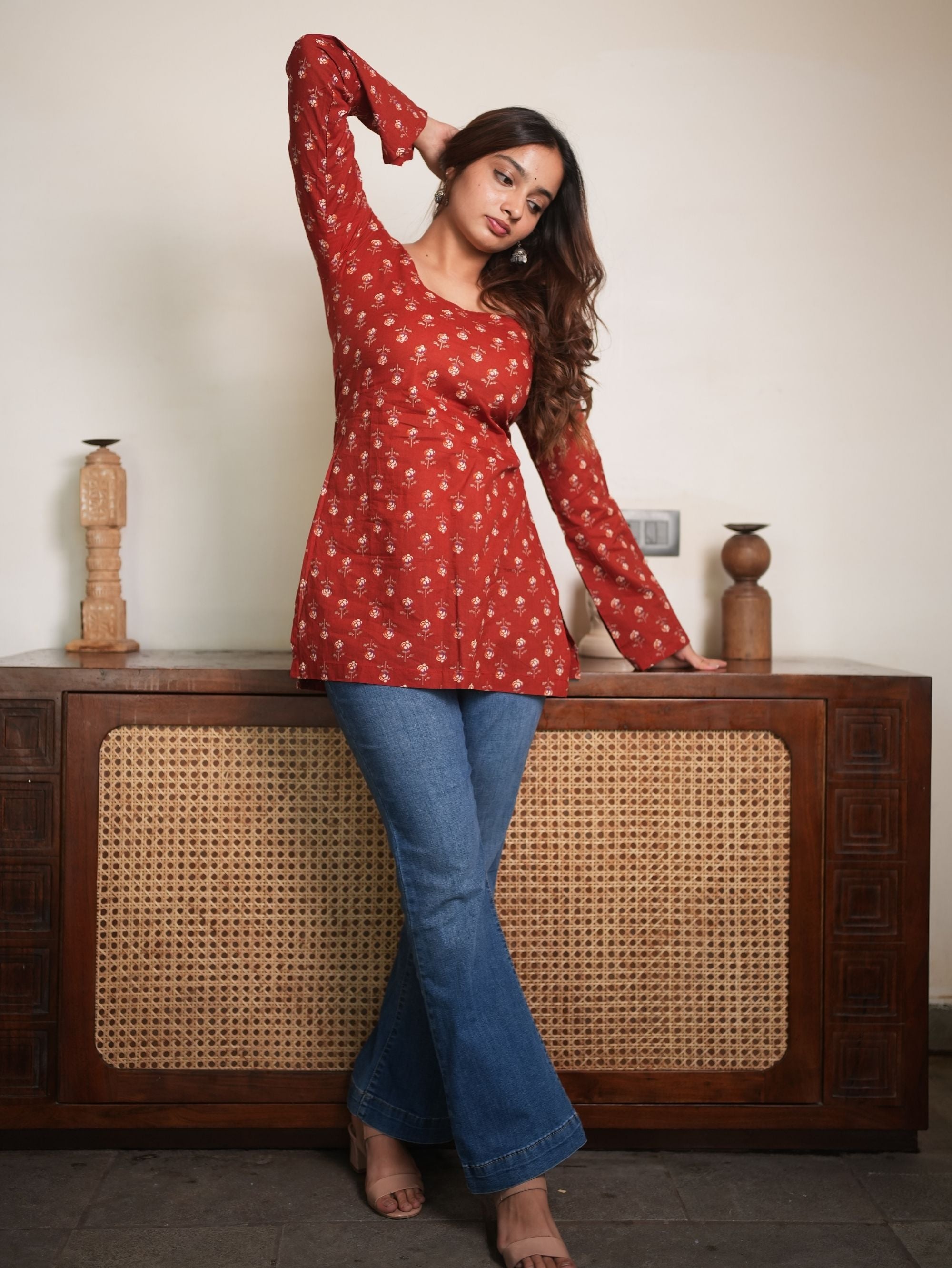 Sunlit Petal Red Cotton Square Neck Short Kurti
