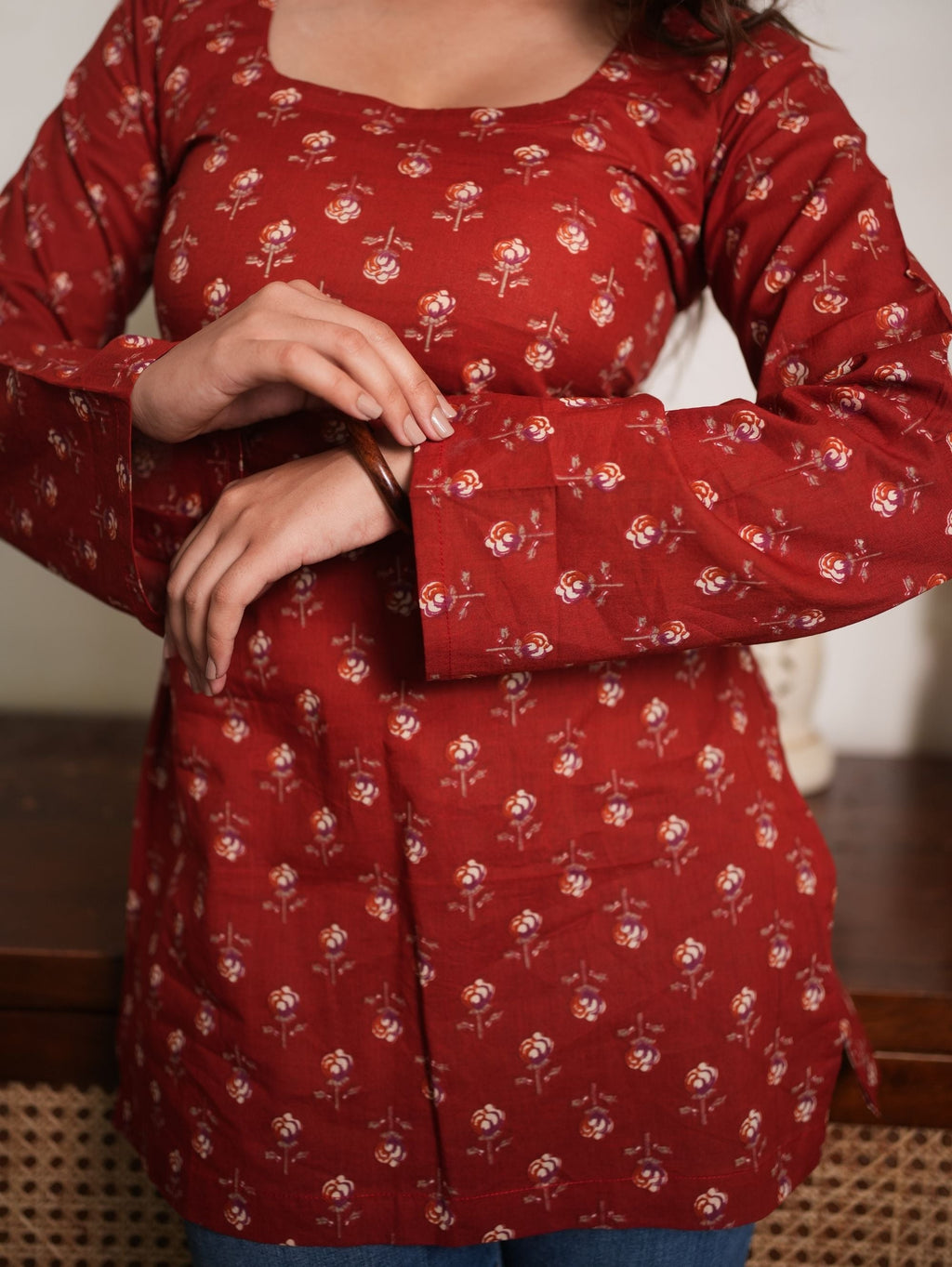 Sunlit Petal Red Cotton Square Neck Short Kurti
