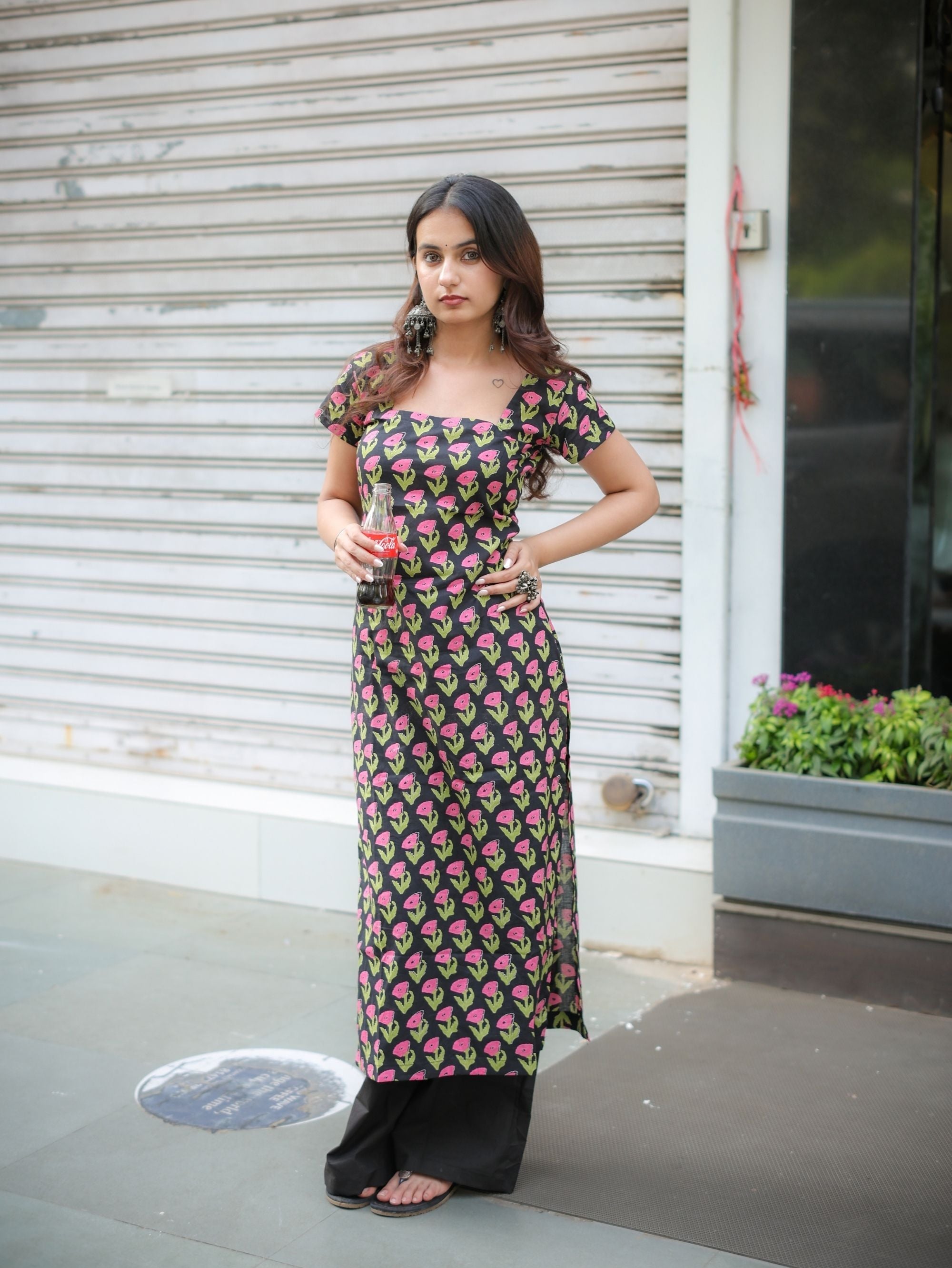Bougain Veli Black Floral Long Kurta for Women