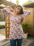 Flori White Cotton Short Kurti with Purple Floral Print