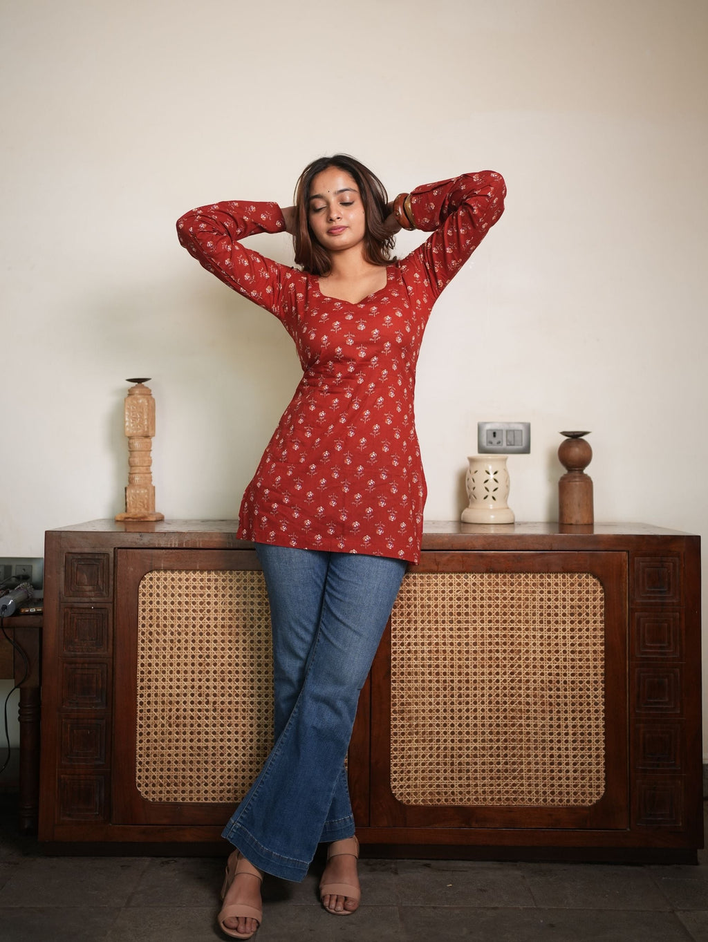 Sunlit Petal Red Cotton Square Neck Short Kurti