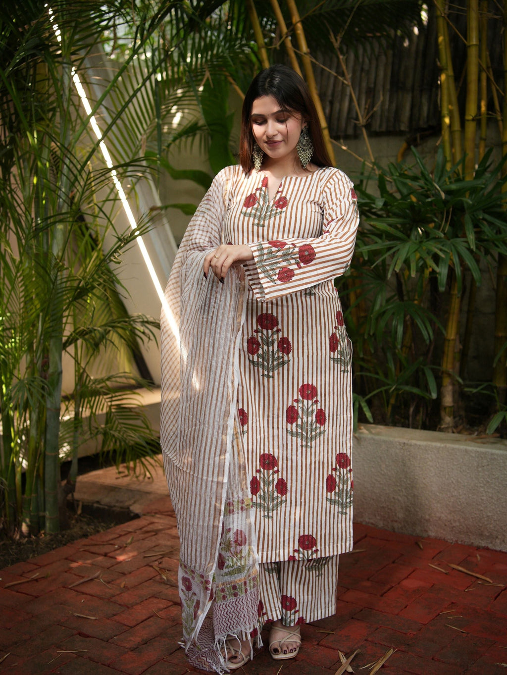 Nazneen Maroon & Beige Three Piece Straight Set