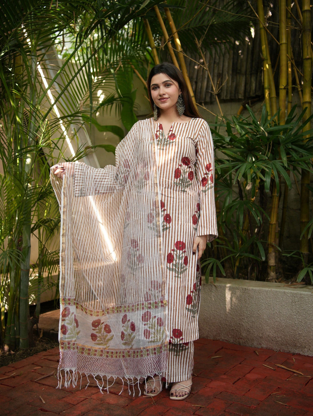 Nazneen Maroon & Beige Three Piece Straight Set
