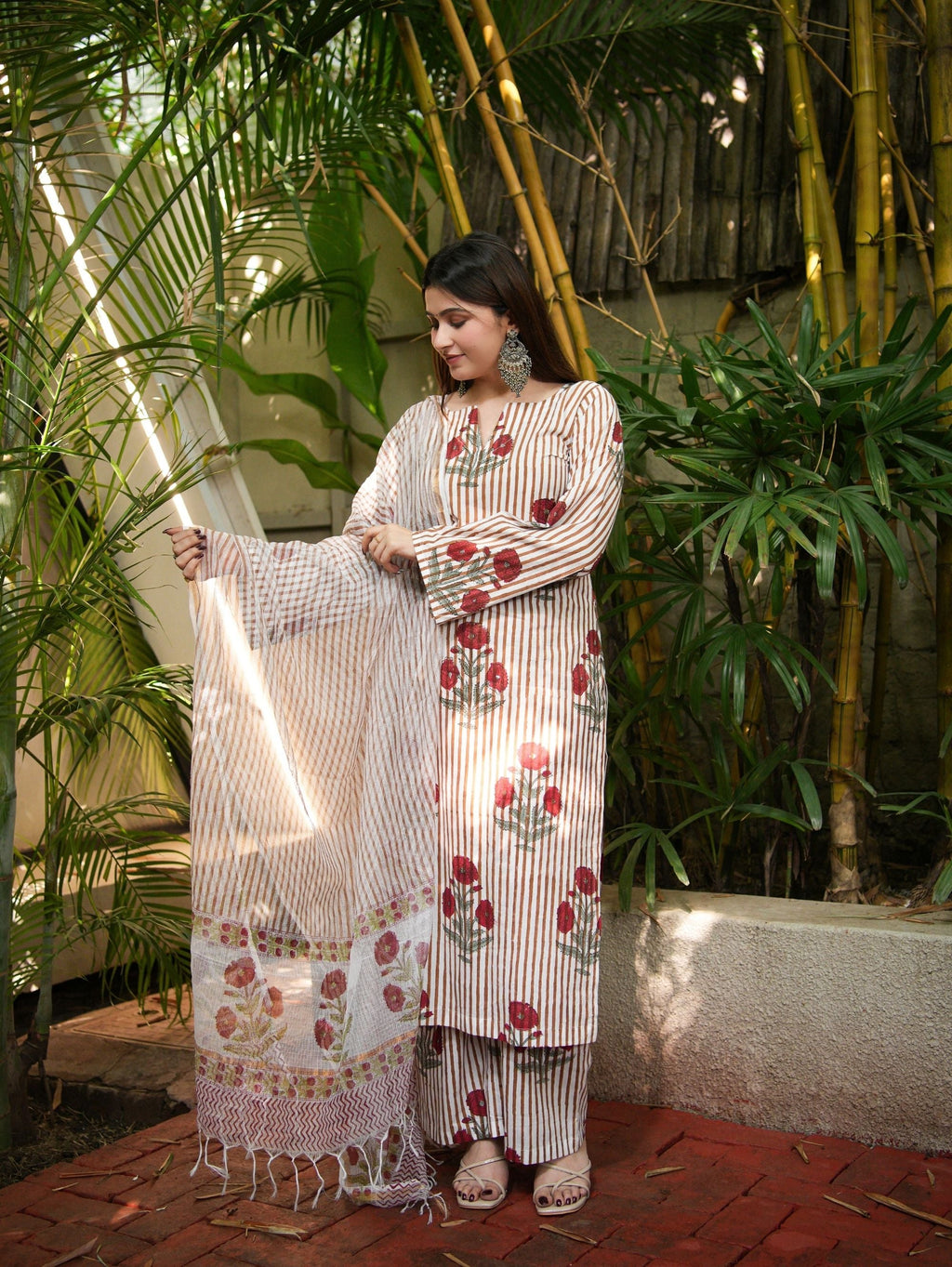 Nazneen Maroon & Beige Three Piece Straight Set