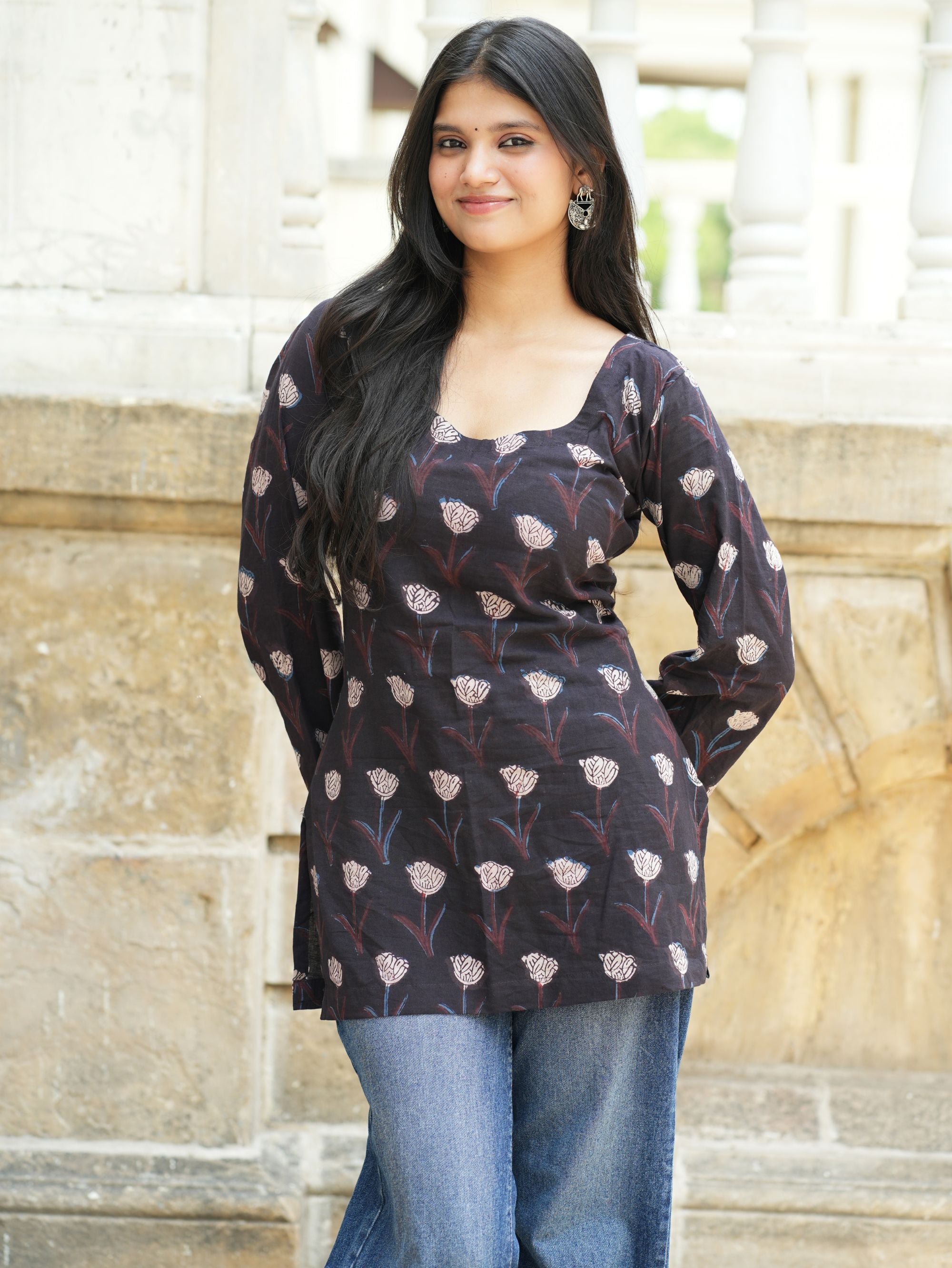 Savi Short Kurti for Women - Black Handblock Cotton U Neck Kurti
