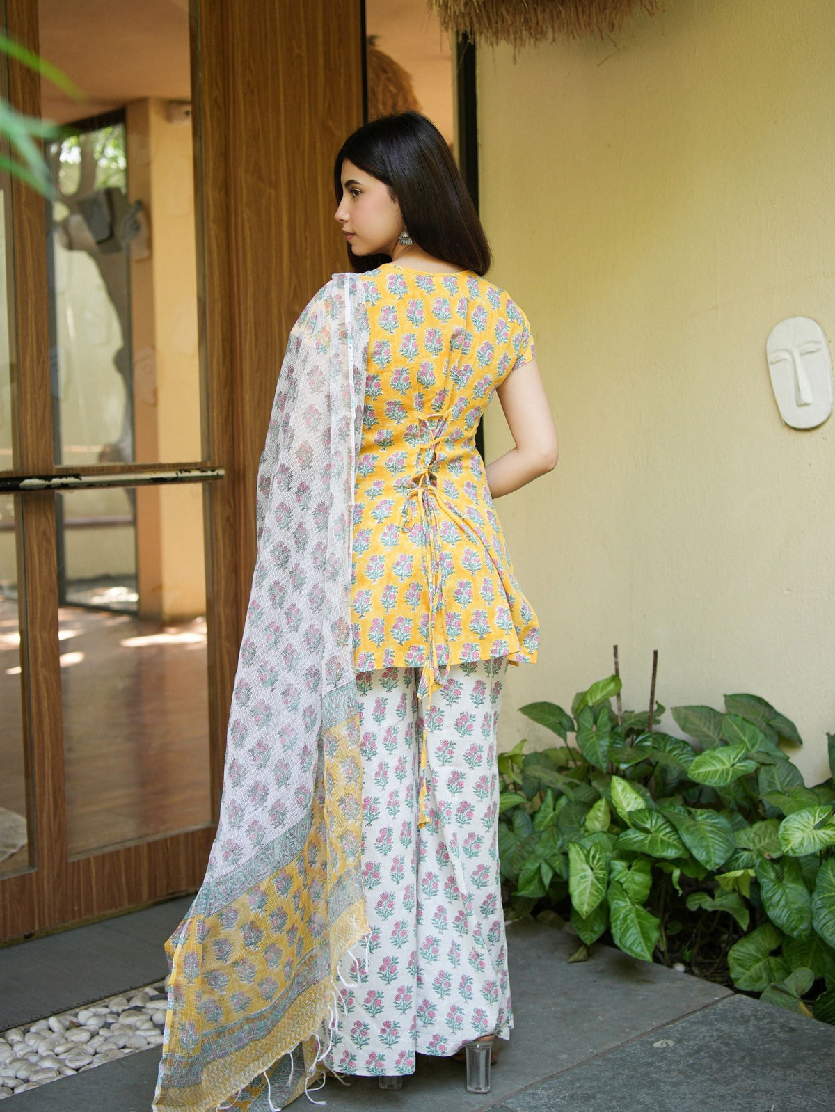 Stuti Yellow & White Three Piece Straight Set