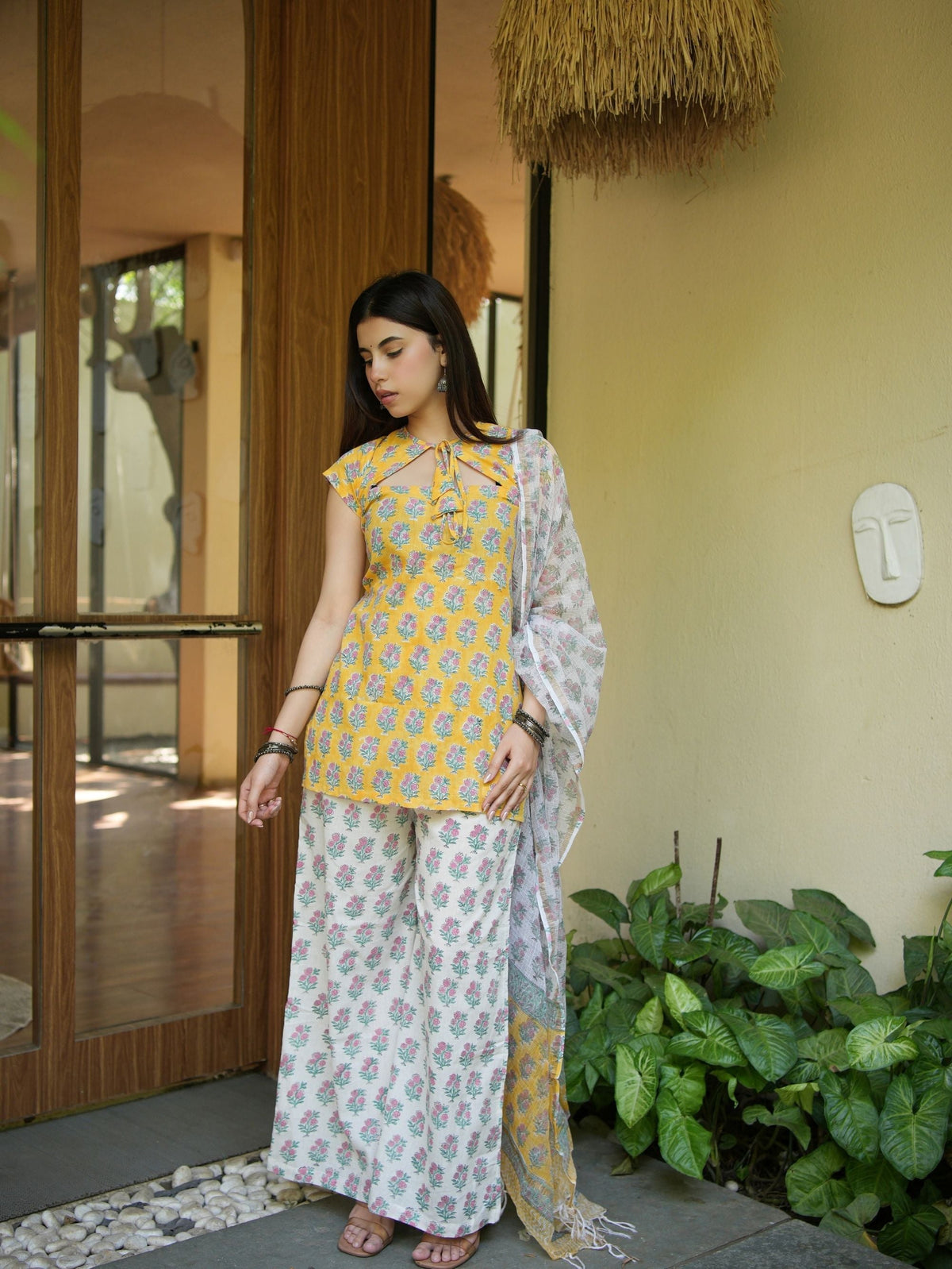 Stuti Yellow & White Three Piece Straight Set