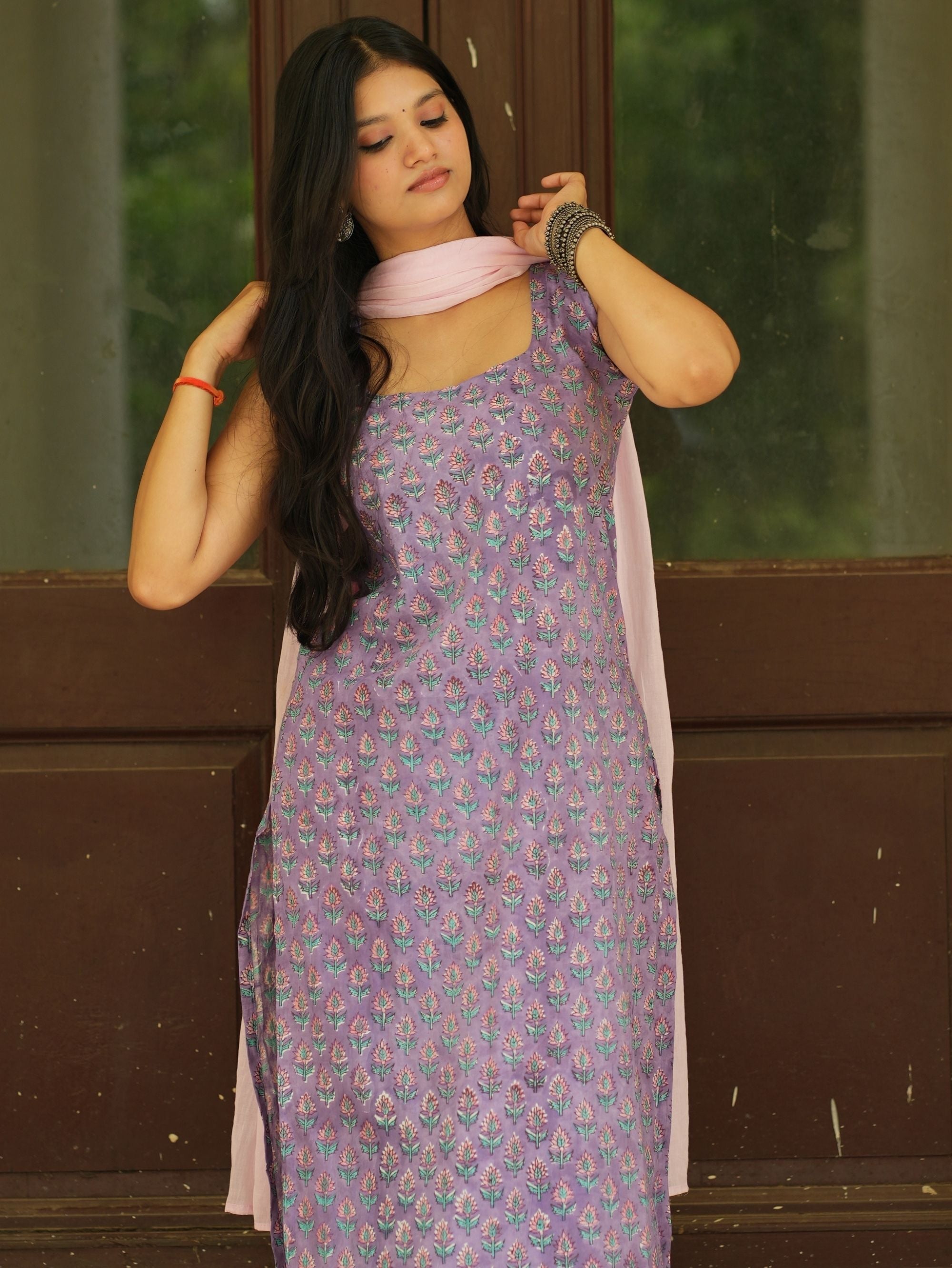 Aarohi Three Piece Straight Kurta Set for Women - Purple & Pink Cotton Suit Set with Mul Cotton Dupatta