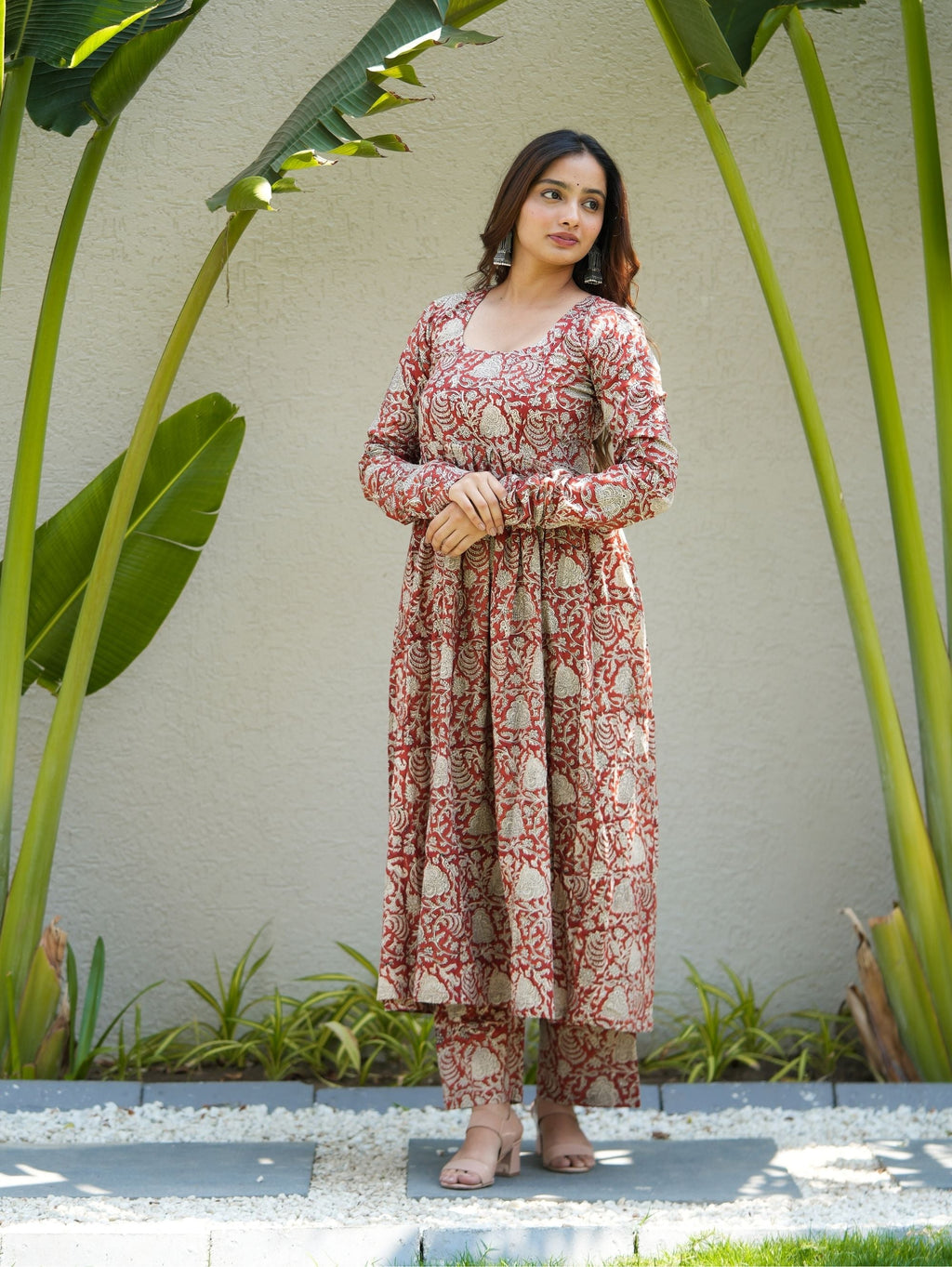 Berry Blush Red Cotton Anarkali Set with Handblock Print