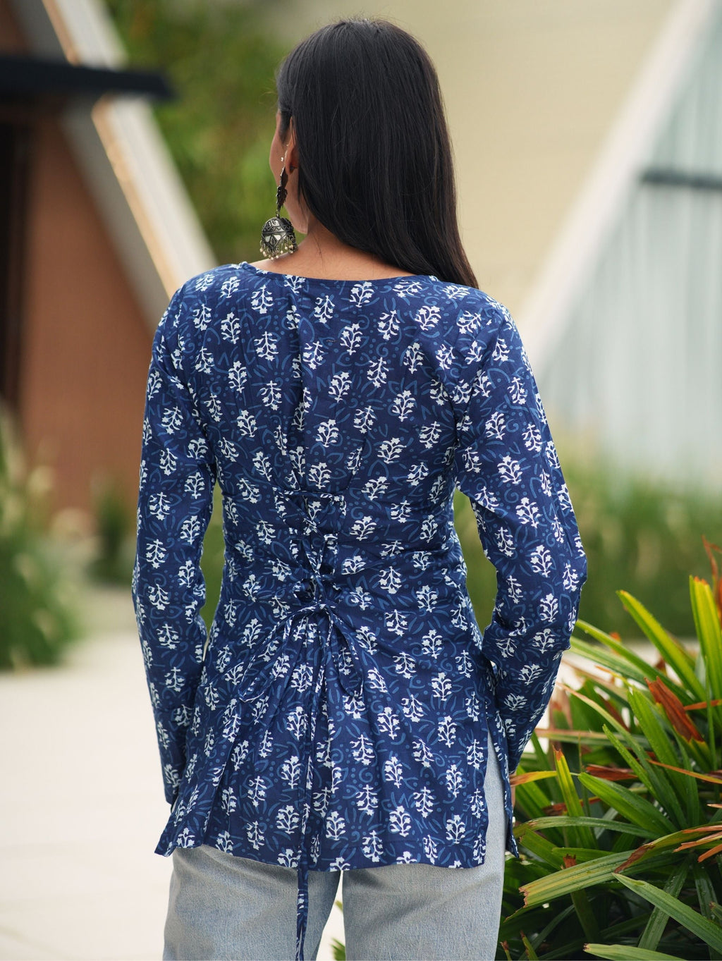 Tara Short Kurti for Women - Indigo Print Cotton Square Neck Kurti