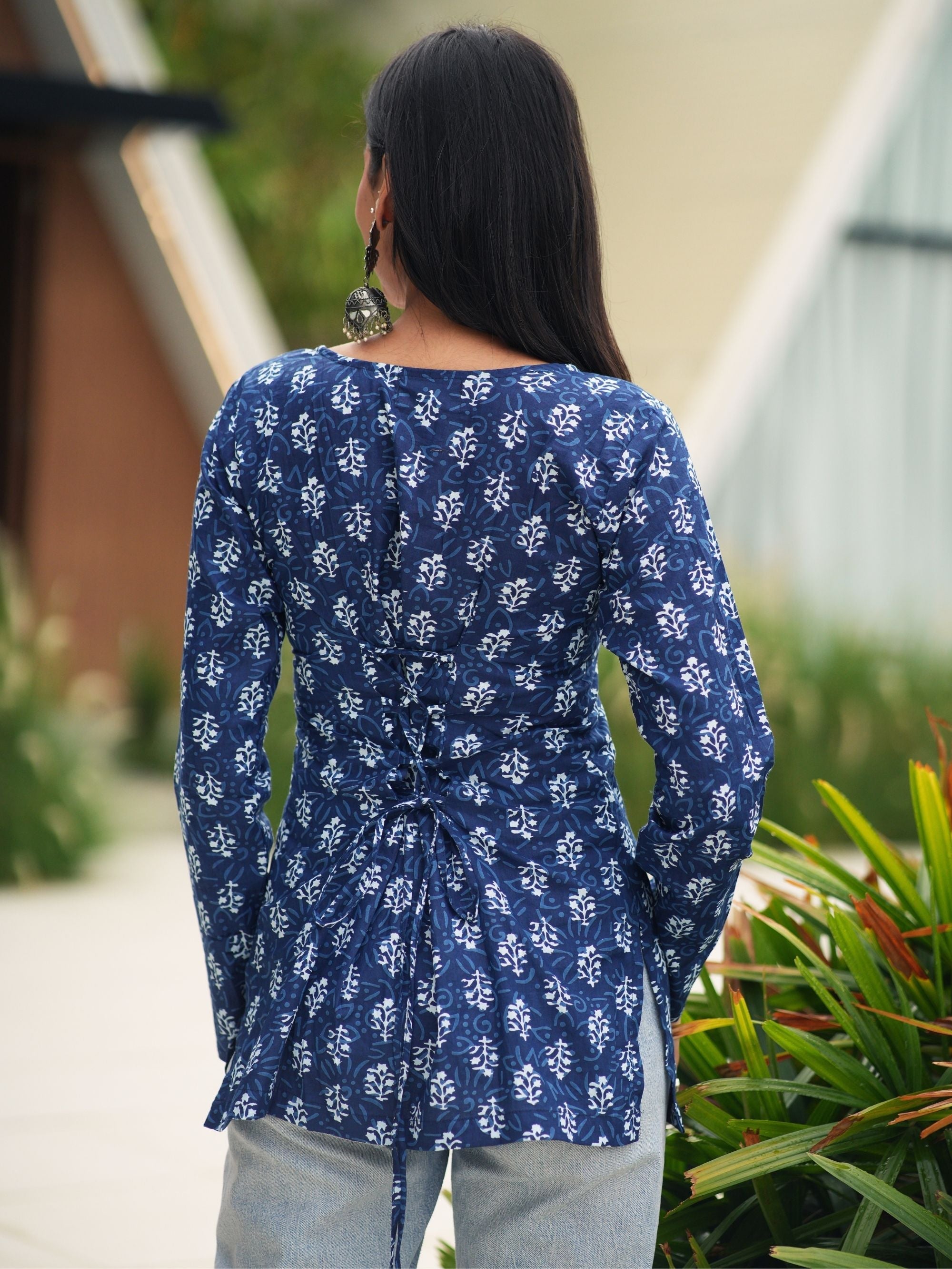 Tara Short Kurti for Women - Indigo Print Cotton Square Neck Kurti