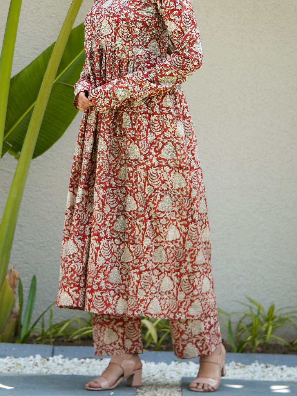 Berry Blush Red Cotton Anarkali Set with Handblock Print