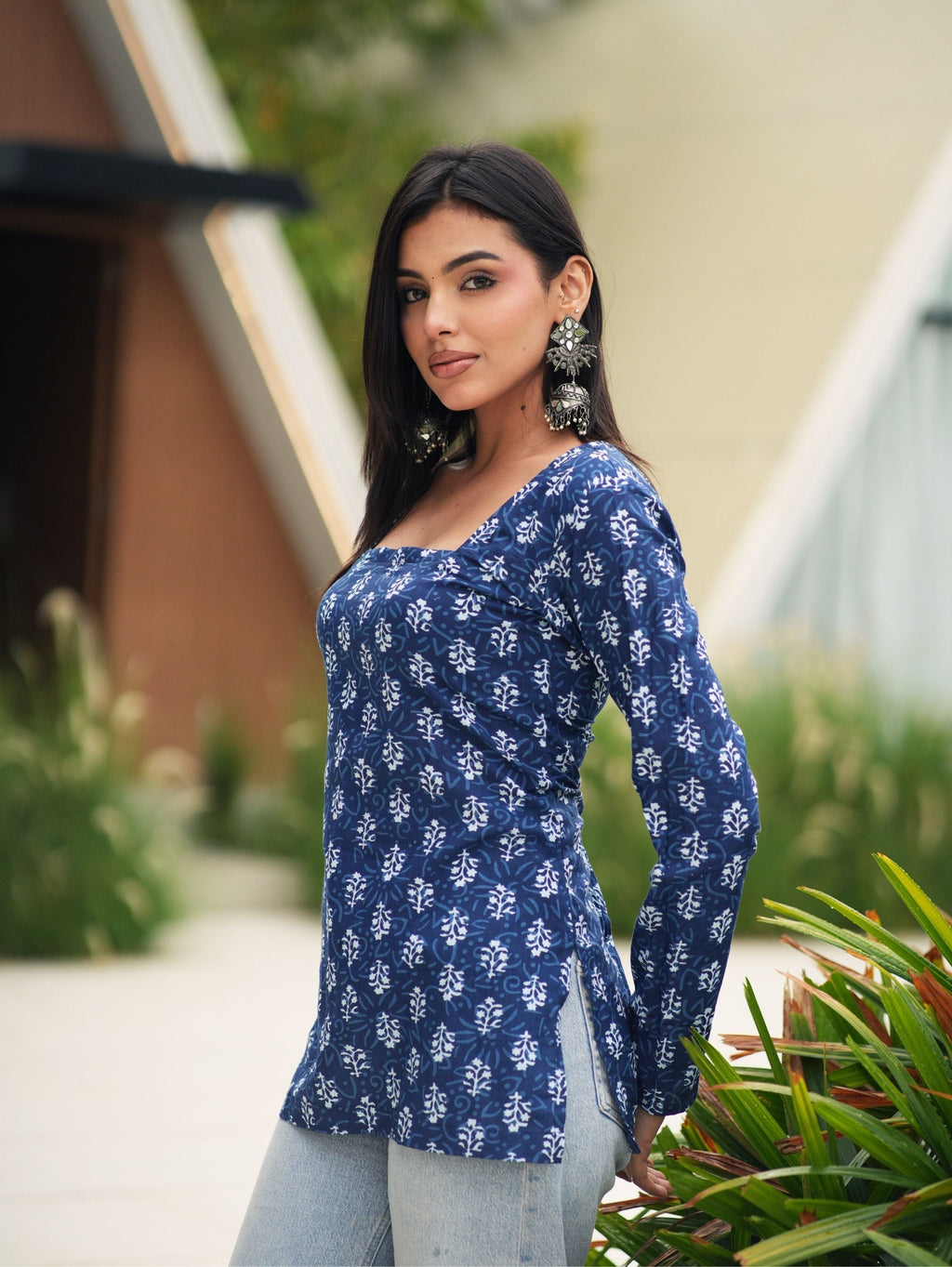 Tara Short Kurti for Women - Indigo Print Cotton Square Neck Kurti