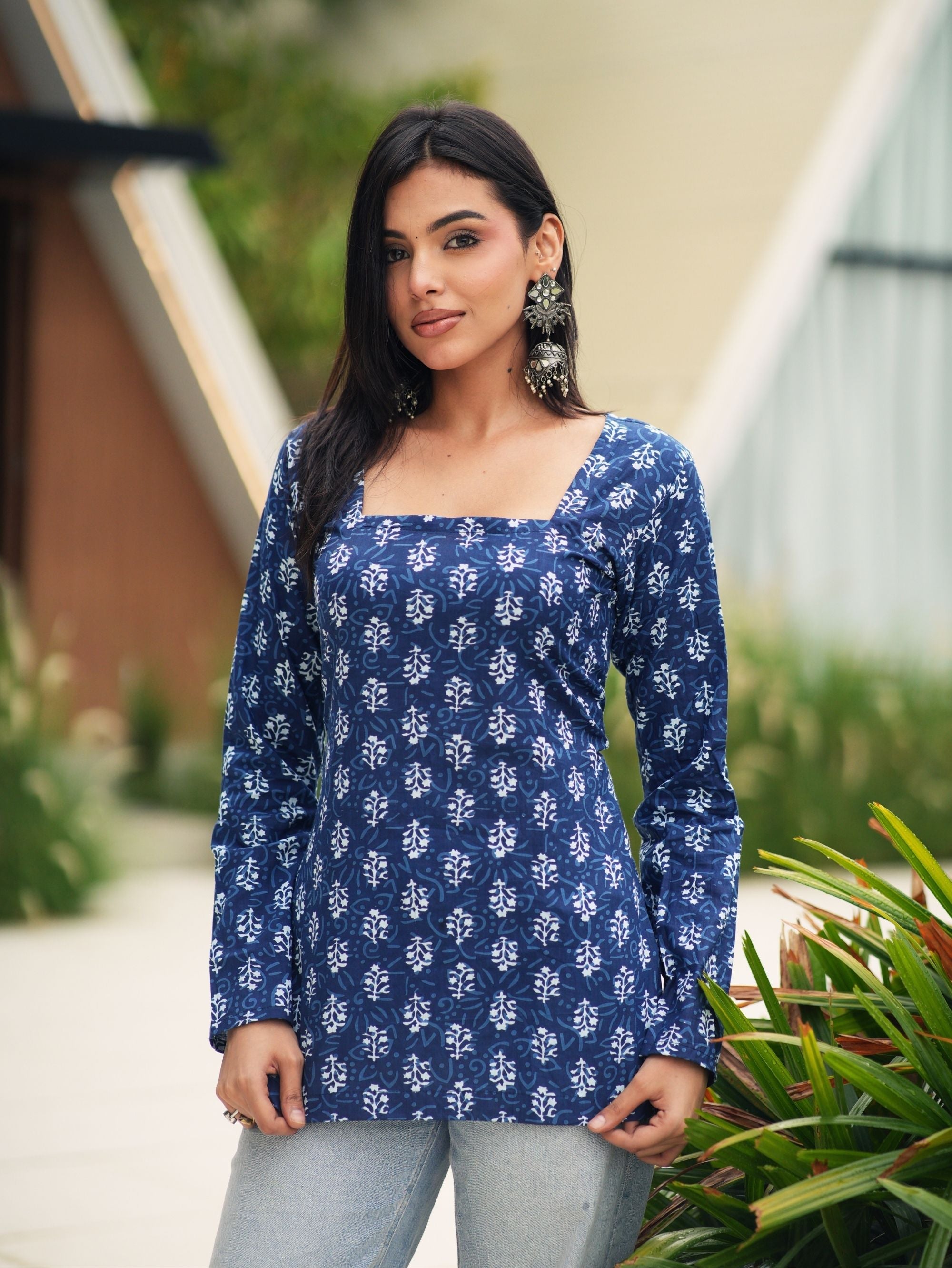 Tara Short Kurti for Women - Indigo Print Cotton Square Neck Kurti
