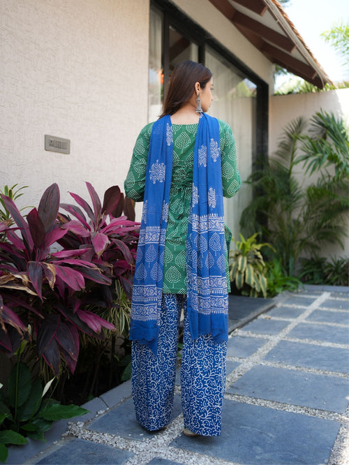 Secret Garden Green Blue Farshi Salwar Set with Chiffon Dupatta
