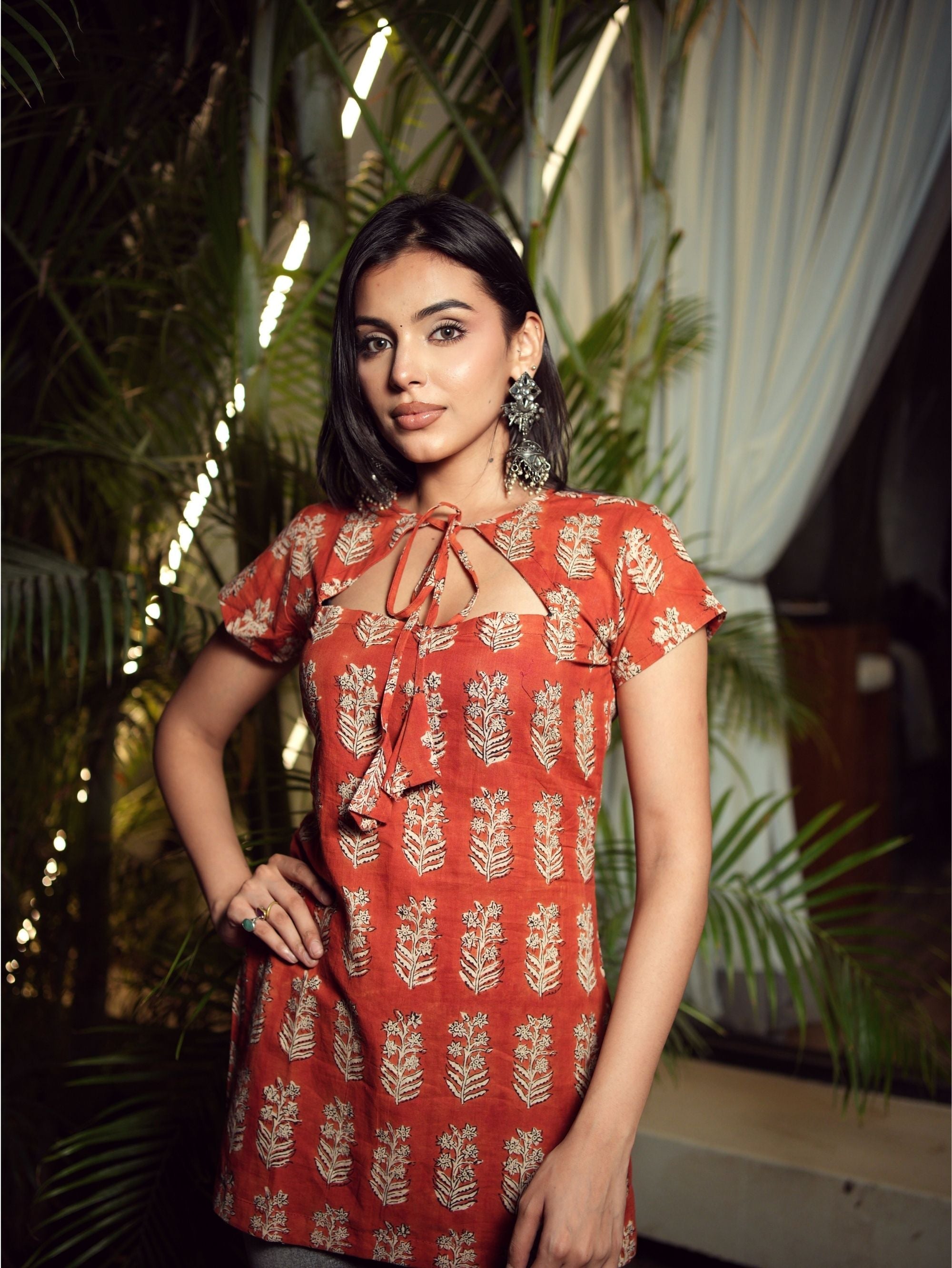 Leela Short Kurti for Women - Red Bagru Handblock Cotton Empire Neck Kurti