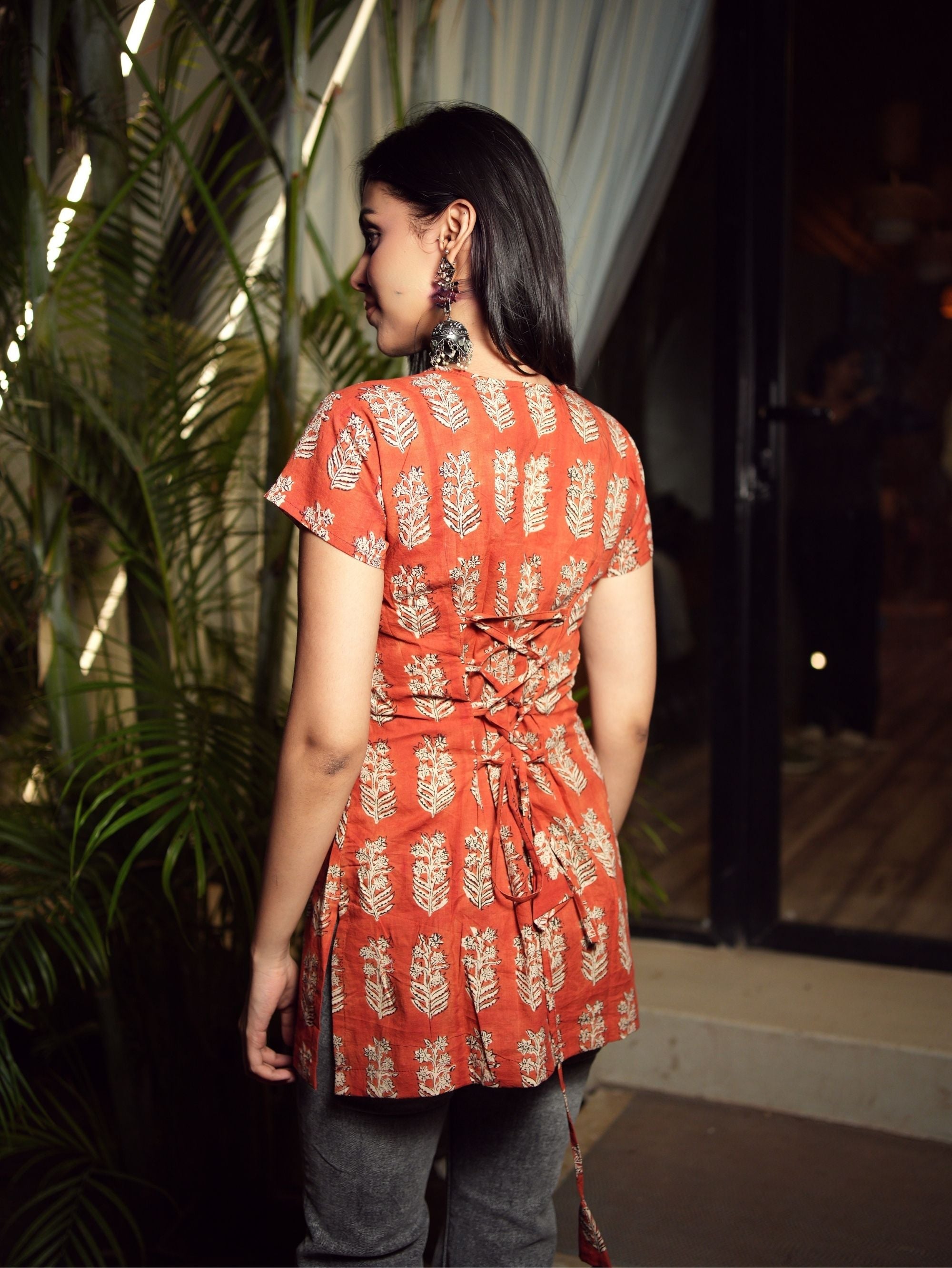 Leela Short Kurti for Women - Red Bagru Handblock Cotton Empire Neck Kurti