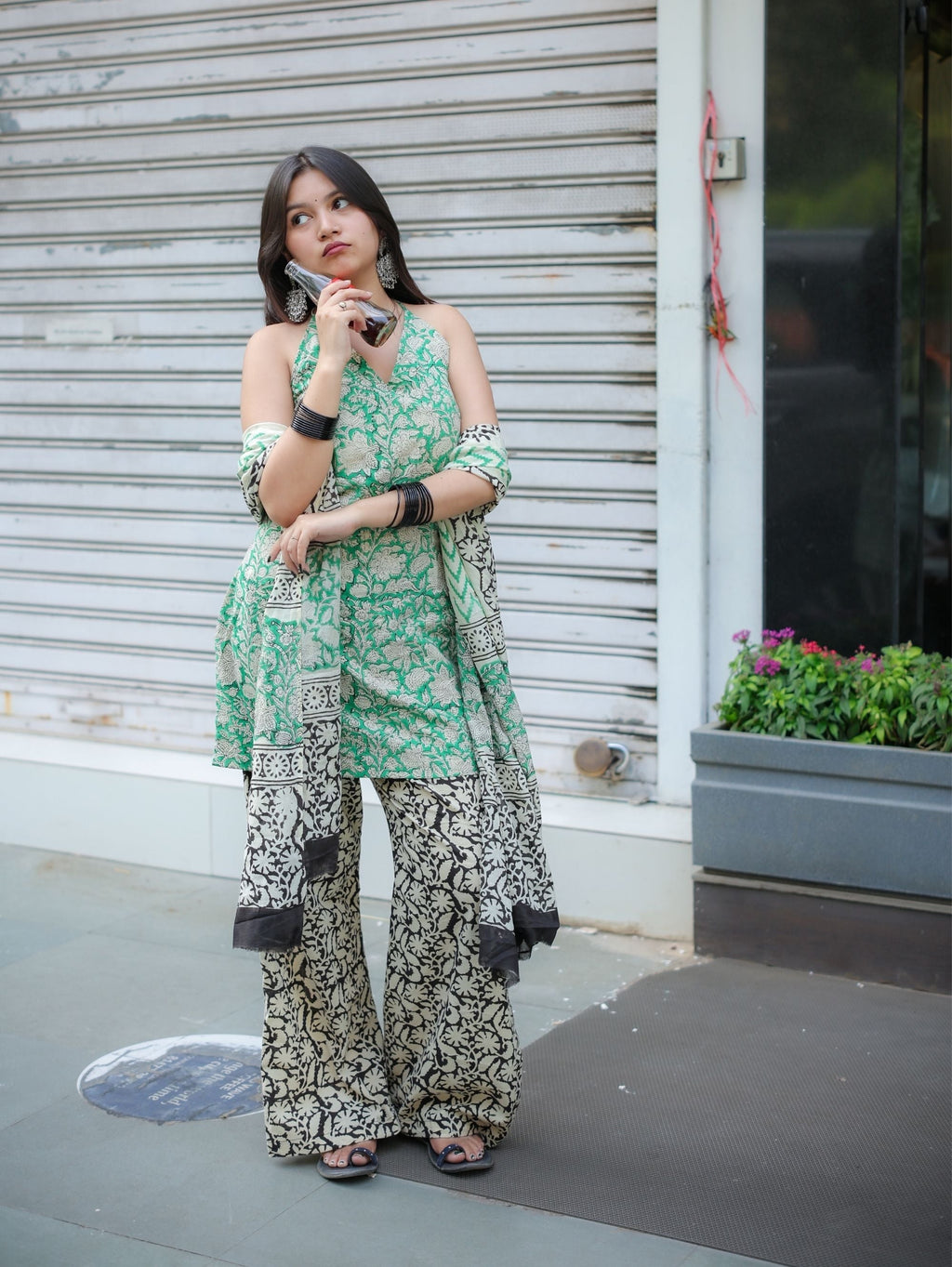 Mint Noor Cotton Handblock Three Piece Set with Halter Neck Kurta