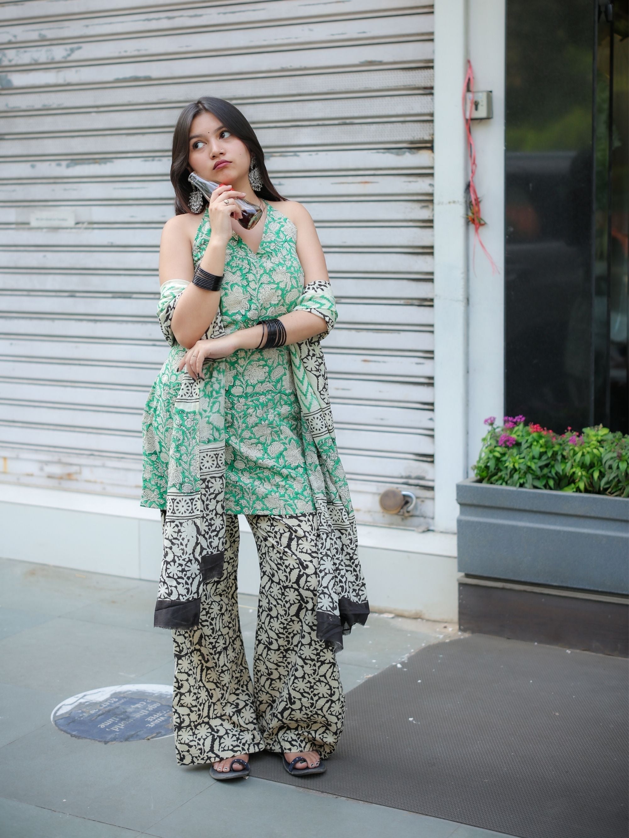 Mint Noor Cotton Handblock Three Piece Set with Halter Neck Kurta