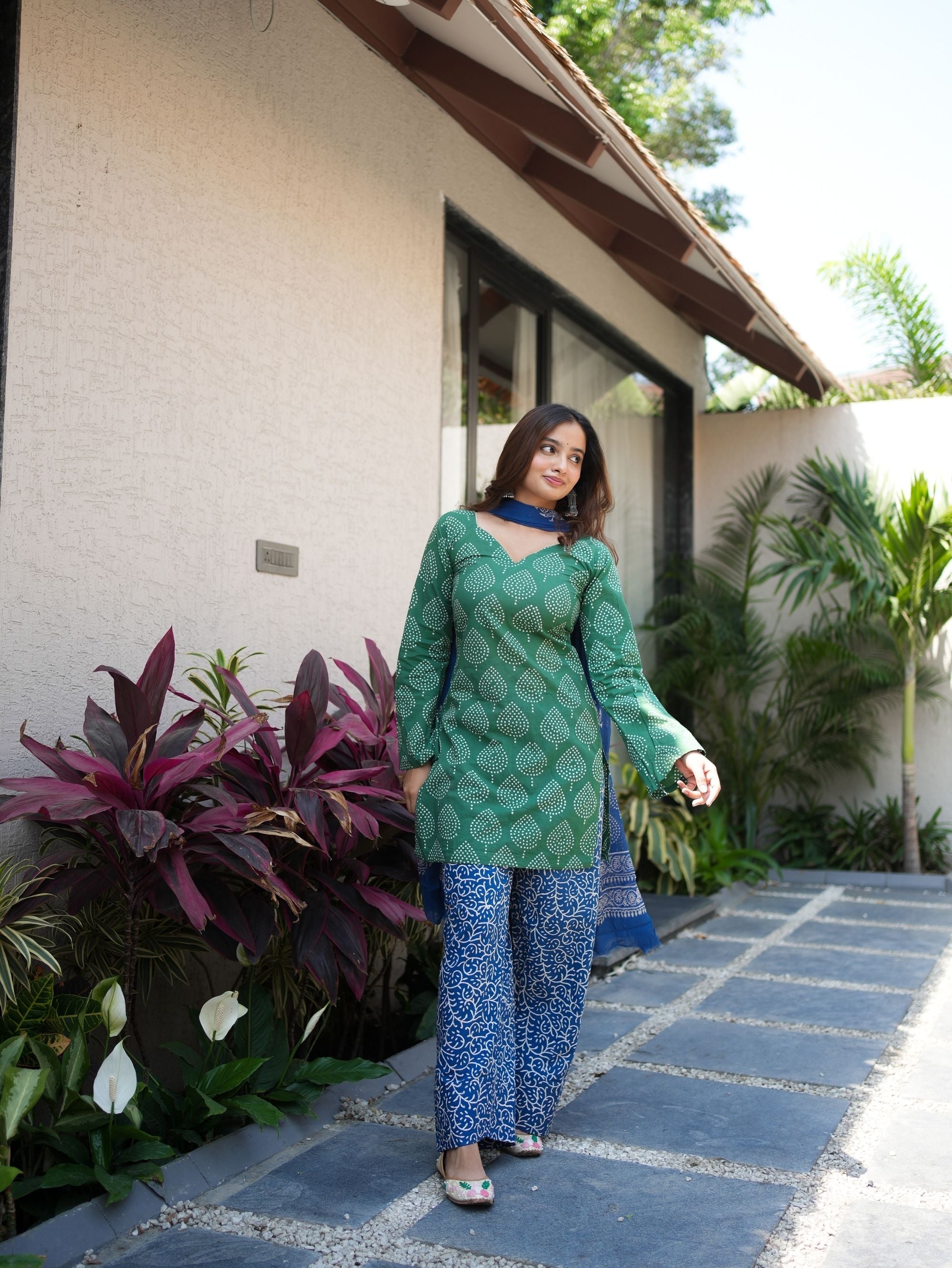 Secret Garden Green Blue Farshi Salwar Set with Chiffon Dupatta